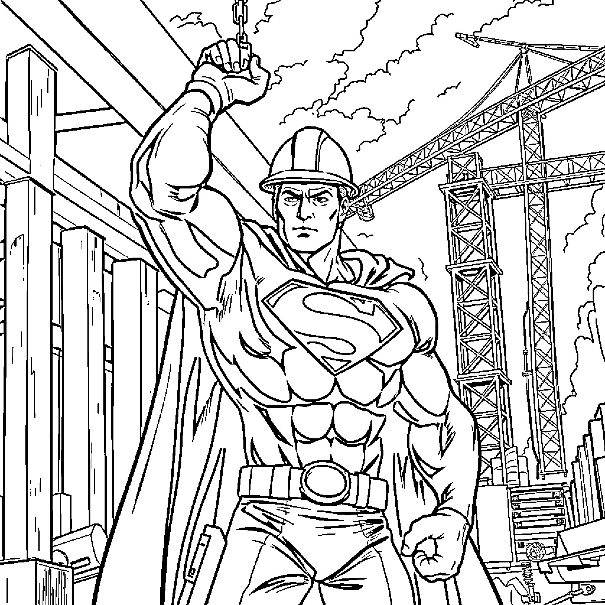 Superman in heroic pose amidst cityscape construction Coloring Page (free black-and-white line drawing printable PDF for all, from beginners to advanced learners, including children, teens, adults, and seniors)
