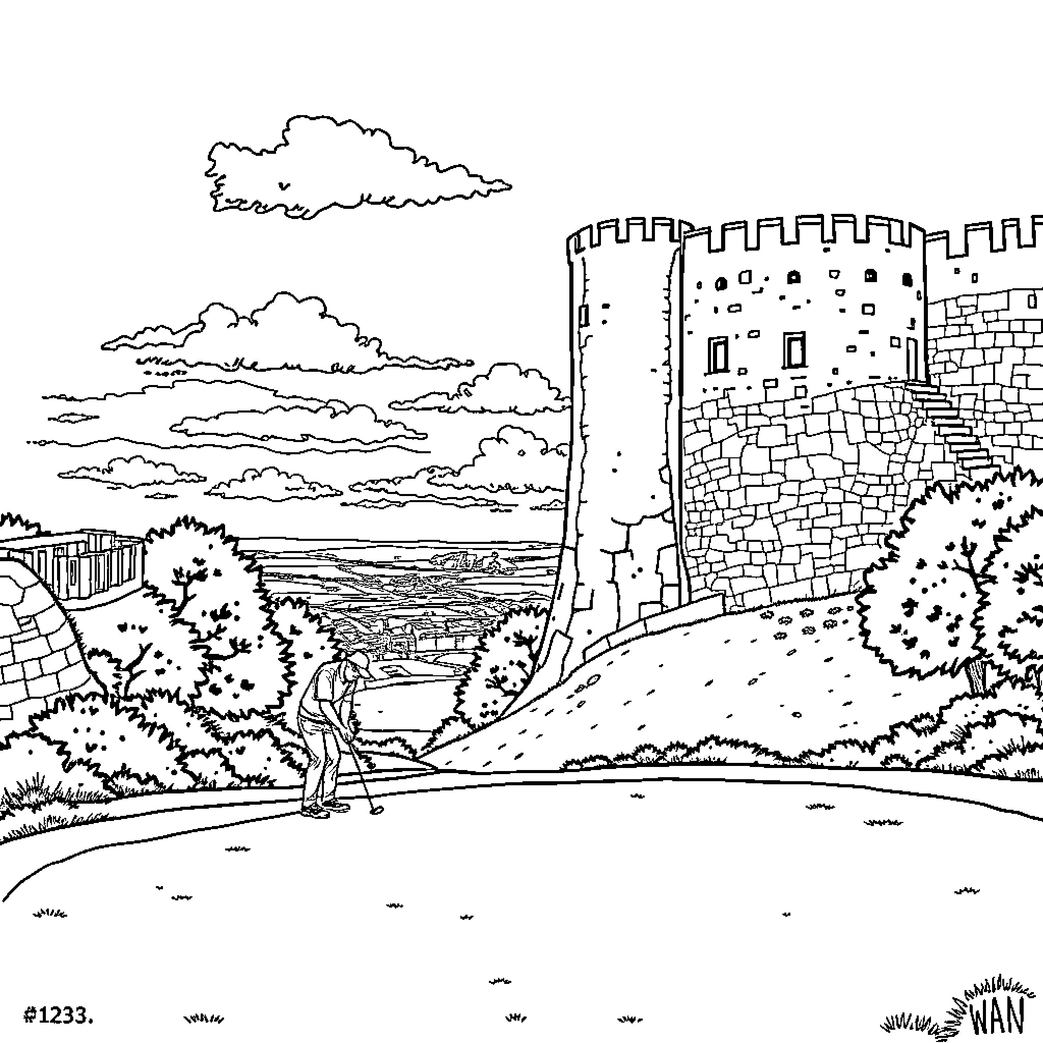 Golf player enjoying the castle landscape Coloring Page (free black-and-white line drawing printable PDF for all, from beginners to advanced learners, including children, teens, adults, and seniors)