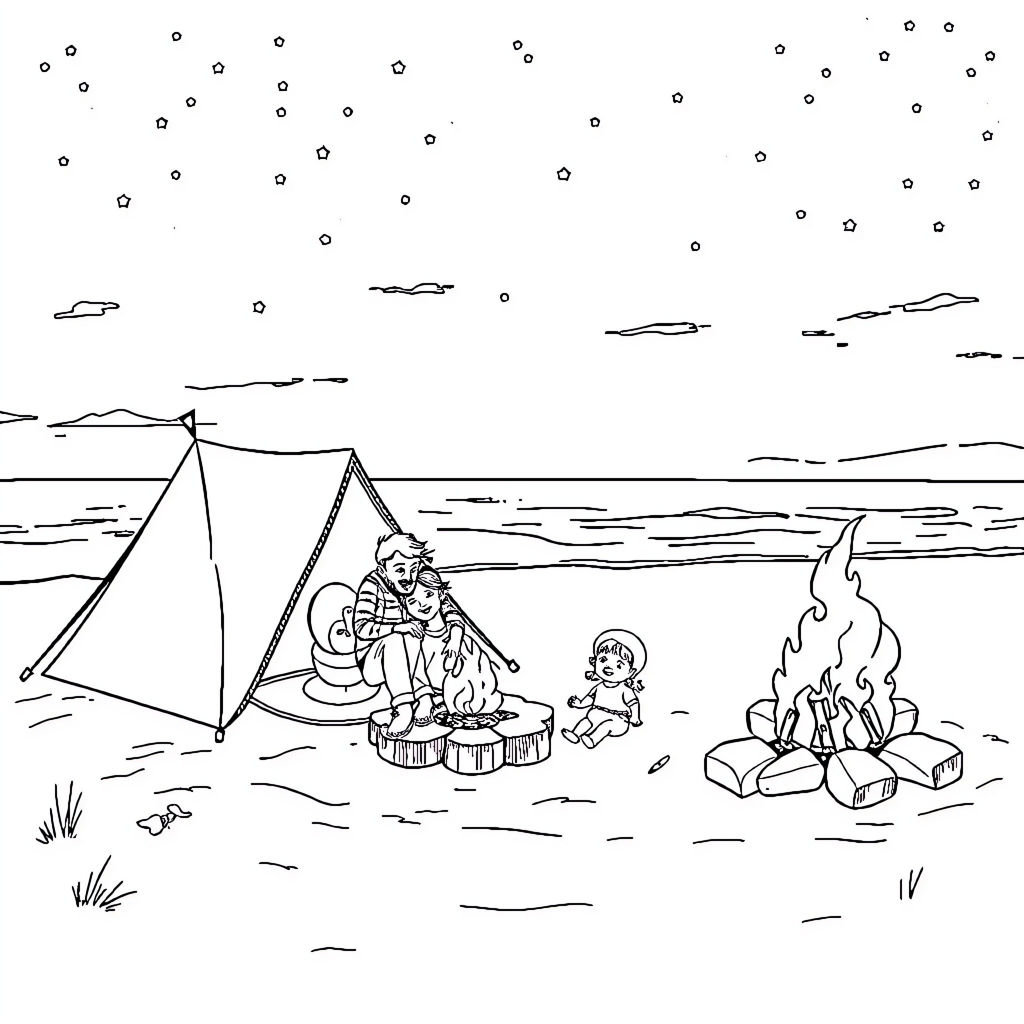 Family Camping Adventure in the Wilderness Coloring Page (free black-and-white line drawing printable PDF for all, from beginners to advanced learners, including children, teens, adults, and seniors)
