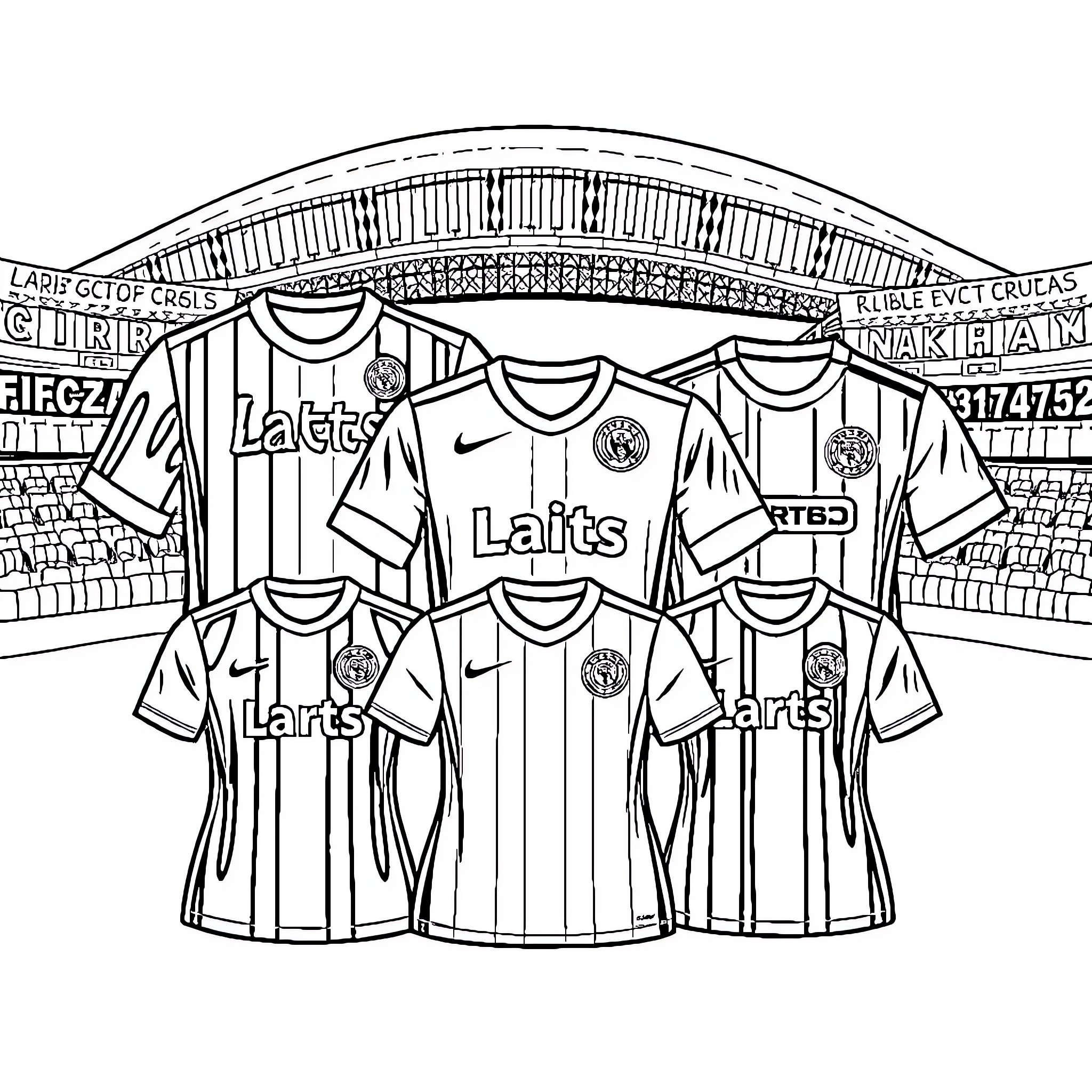 Football Shirts on Display in Stadium Coloring Page (free black-and-white line drawing printable PDF for all, from beginners to advanced learners, including children, teens, adults, and seniors)