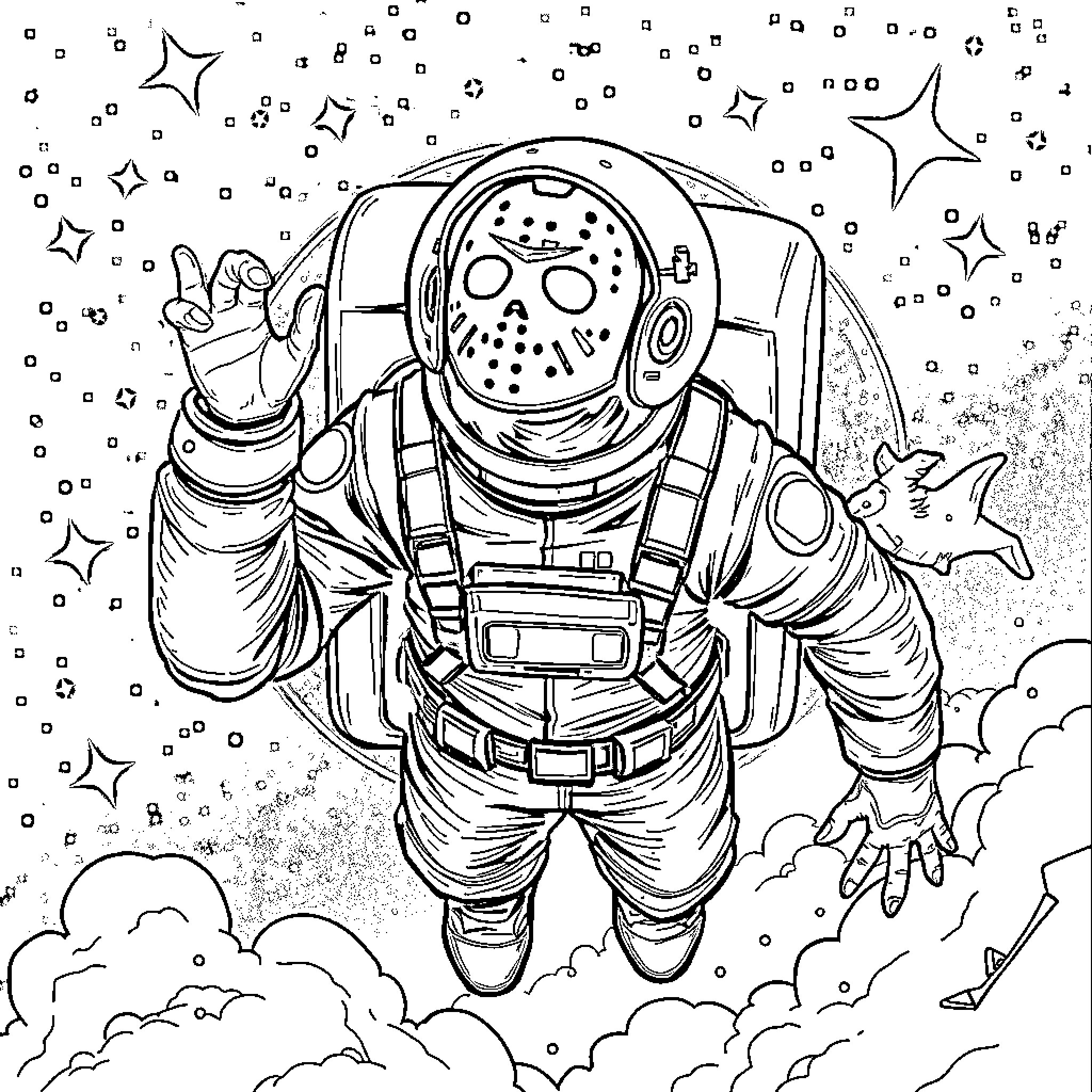 Jason Voorhees Floating Weightlessly in Space Coloring Page (free black-and-white line drawing printable PDF for all, from beginners to advanced learners, including children, teens, adults, and seniors)