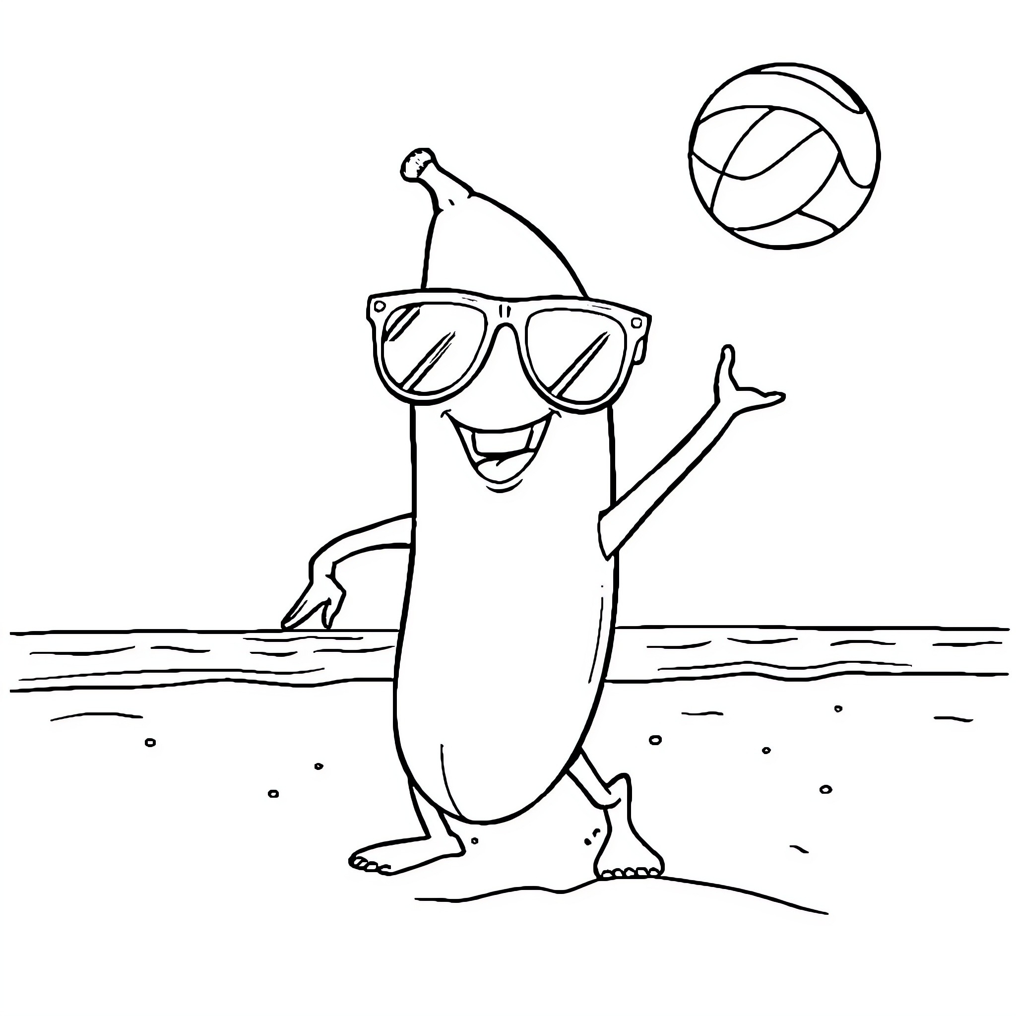 Banana enjoying beach with volleyball and sunglasses Coloring Page (free black-and-white line drawing printable PDF for all, from beginners to advanced learners, including children, teens, adults, and seniors)