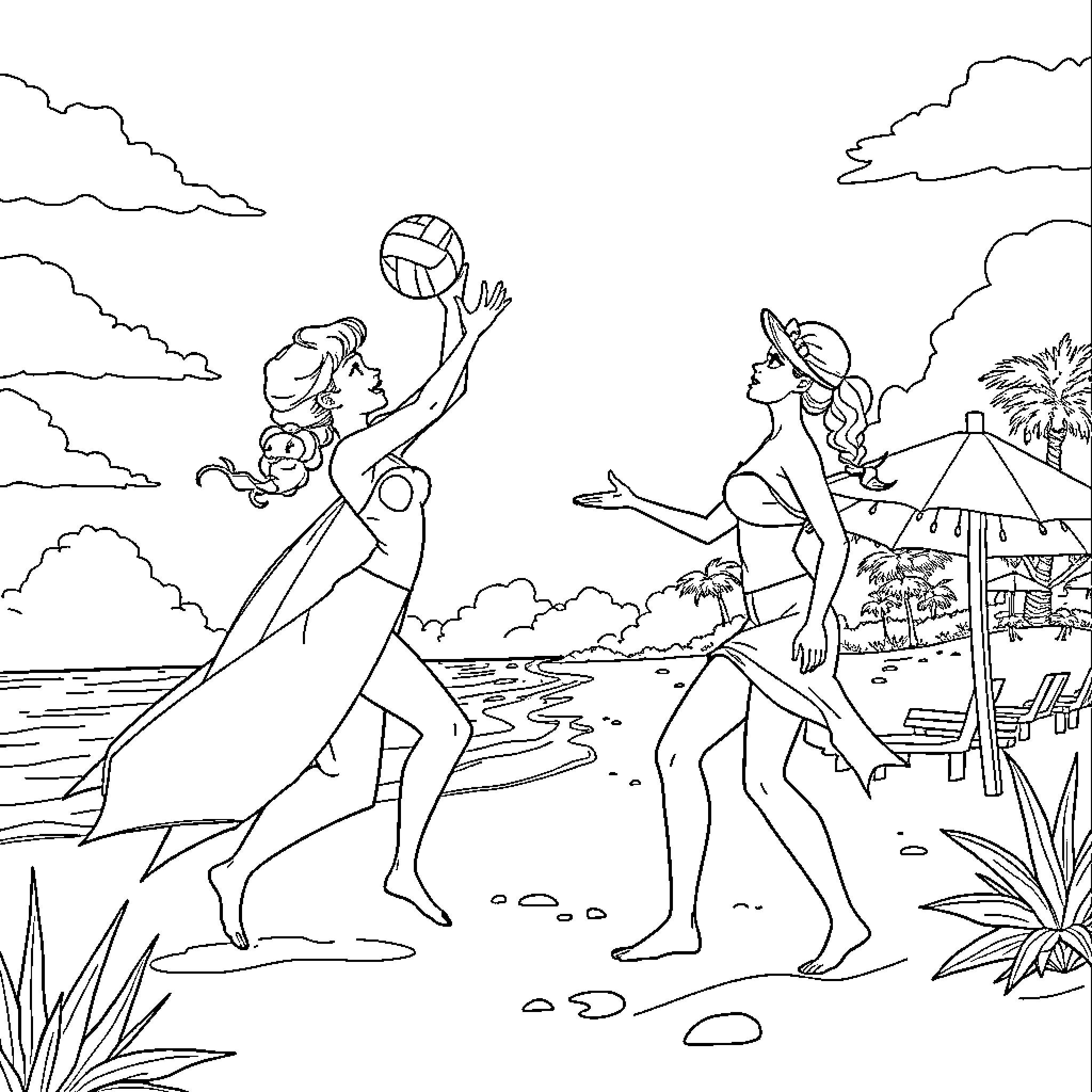 Elsa and Anna playing beach volleyball by the sea Coloring Page (free black-and-white line drawing printable PDF for all, from beginners to advanced learners, including children, teens, adults, and seniors)