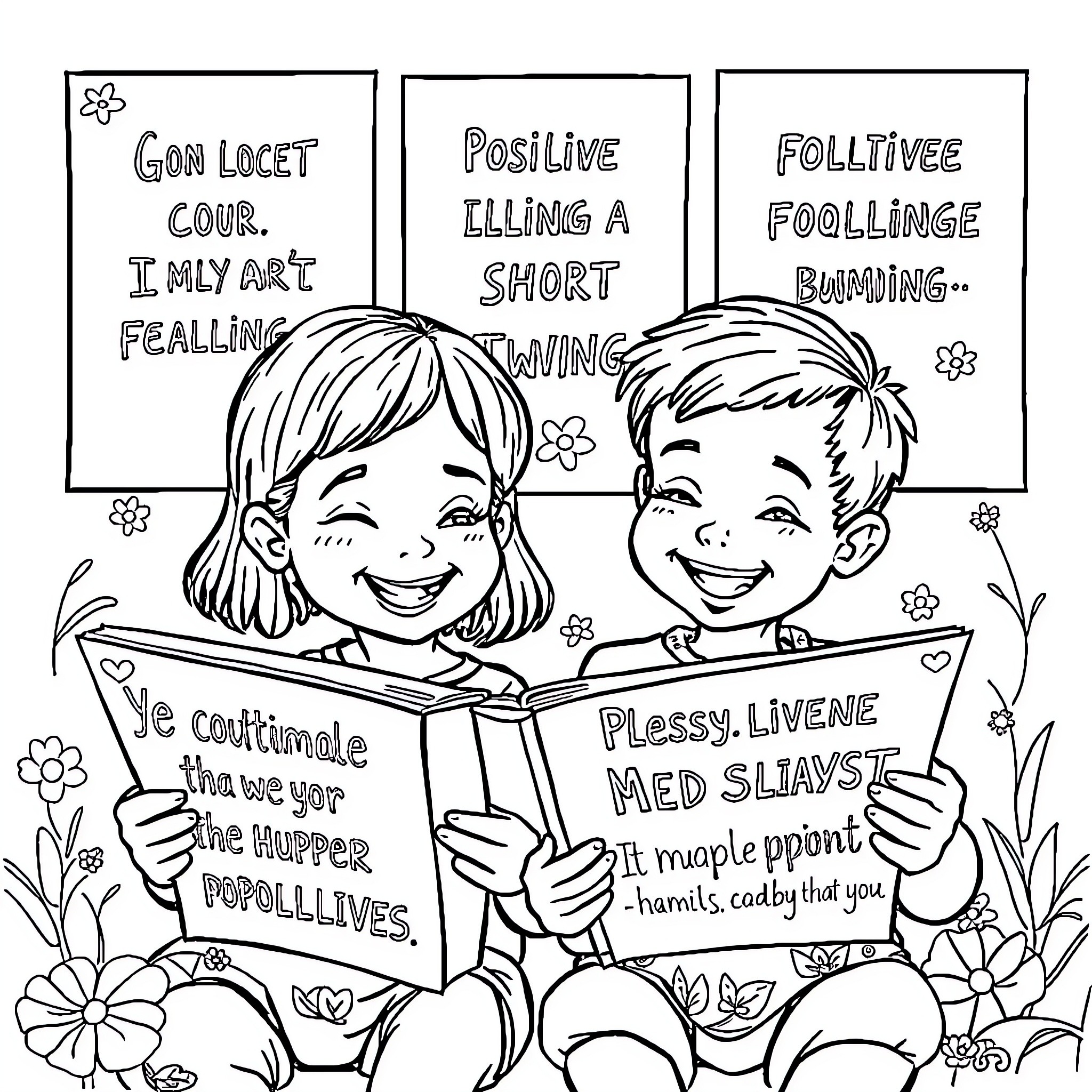 Kid Reading Positive Books Together Coloring Page (free black-and-white line drawing printable PDF for all, from beginners to advanced learners, including children, teens, adults, and seniors)