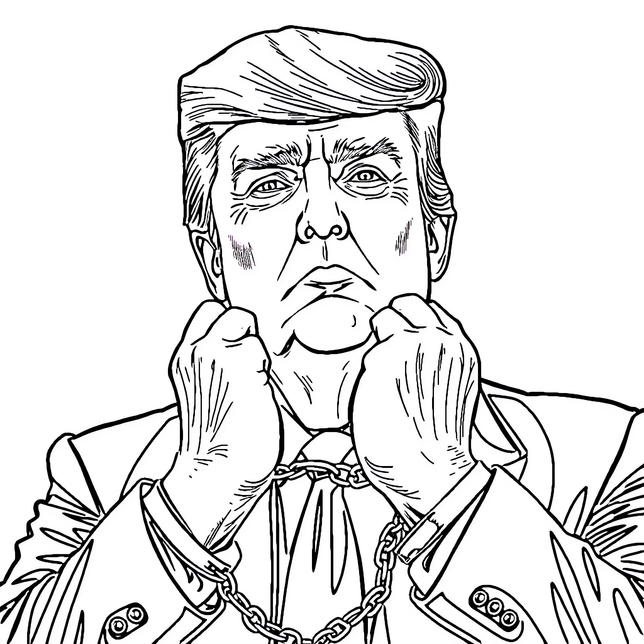 Donald Trump in a defiant and confrontational pose Coloring Page (free black-and-white line drawing printable PDF for all, from beginners to advanced learners, including children, teens, adults, and seniors)