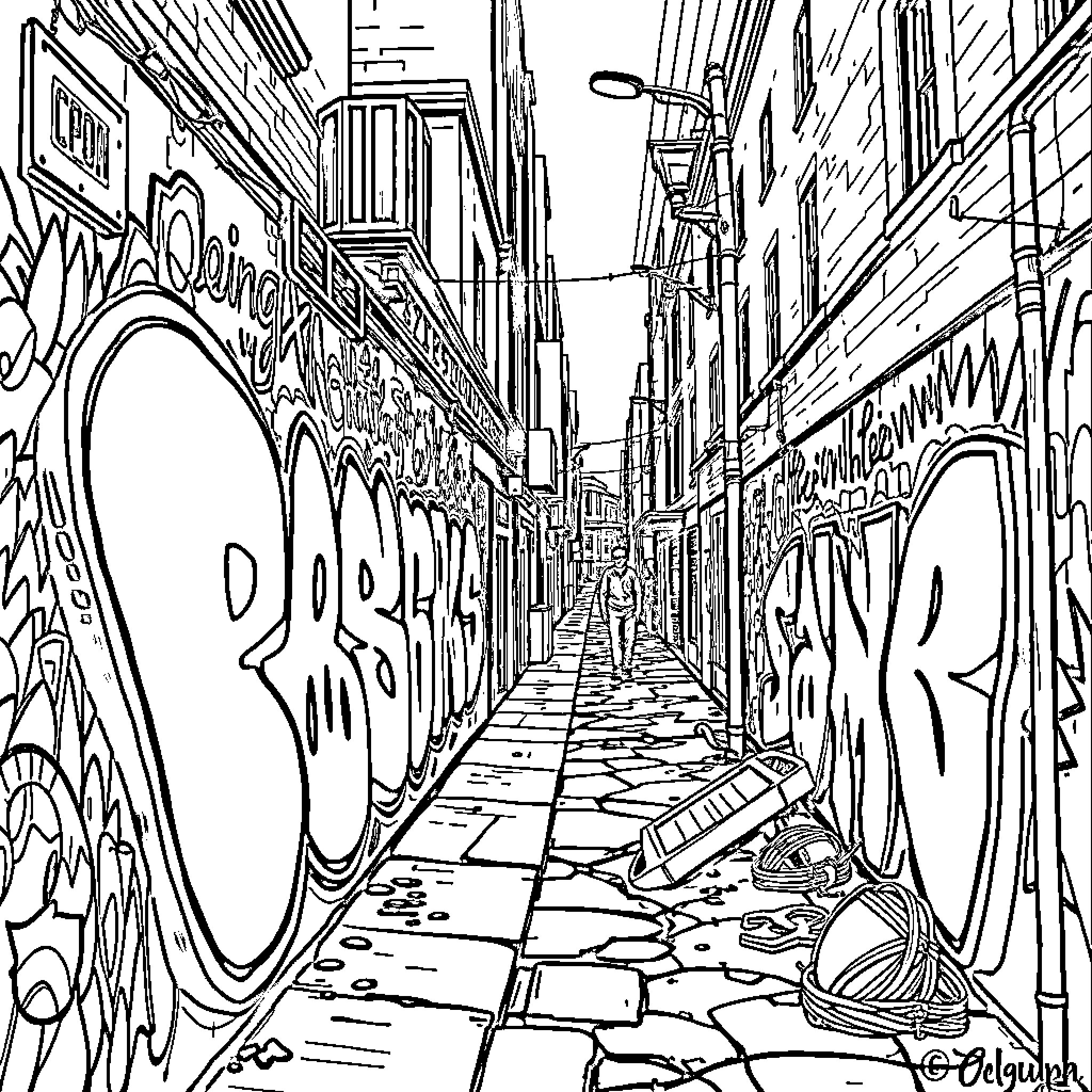 Graffiti-covered alley with discarded items Coloring Page (free black-and-white line drawing printable PDF for all, from beginners to advanced learners, including children, teens, adults, and seniors)