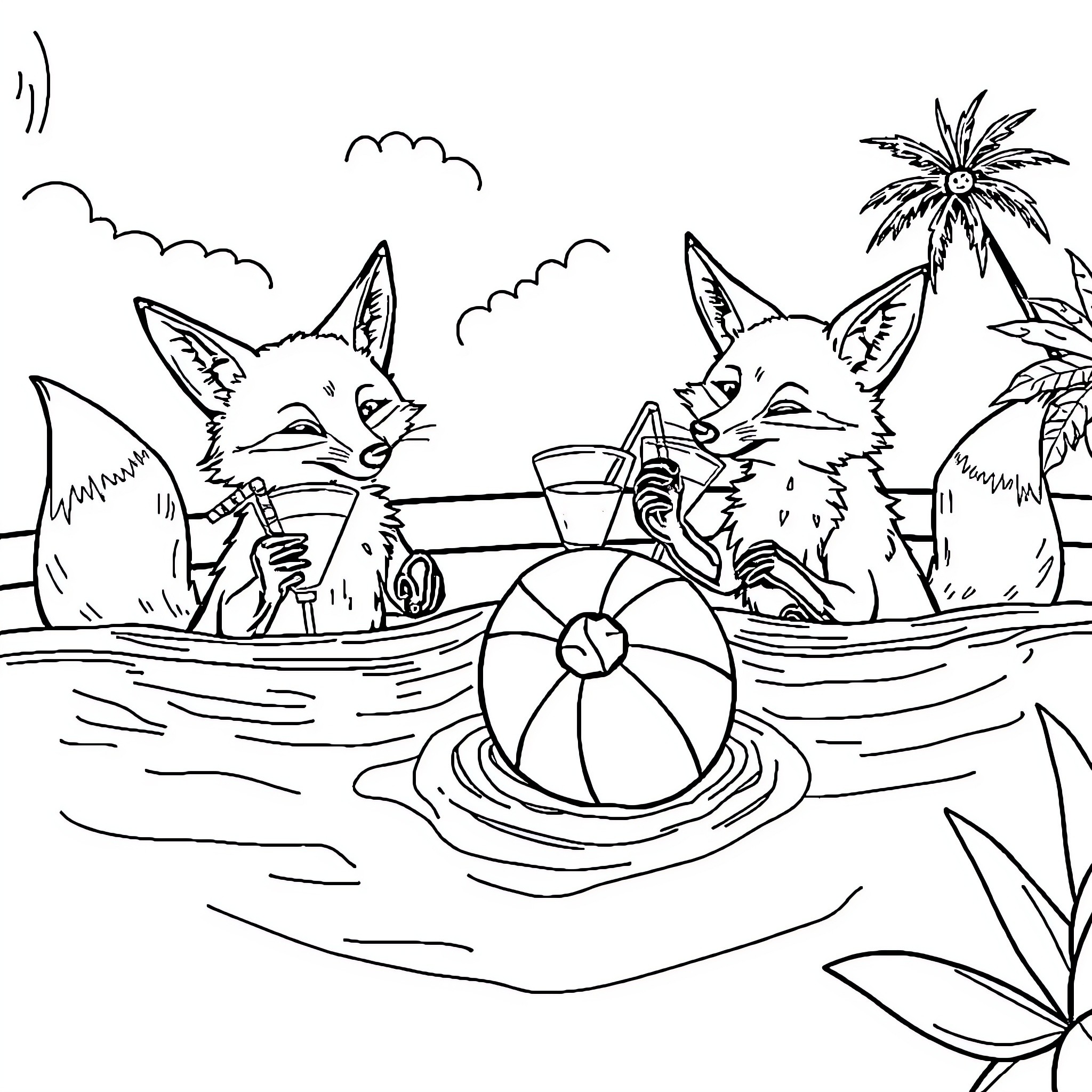 Fox siblings relaxing at the beach Coloring Page (free black-and-white line drawing printable PDF for all, from beginners to advanced learners, including children, teens, adults, and seniors)