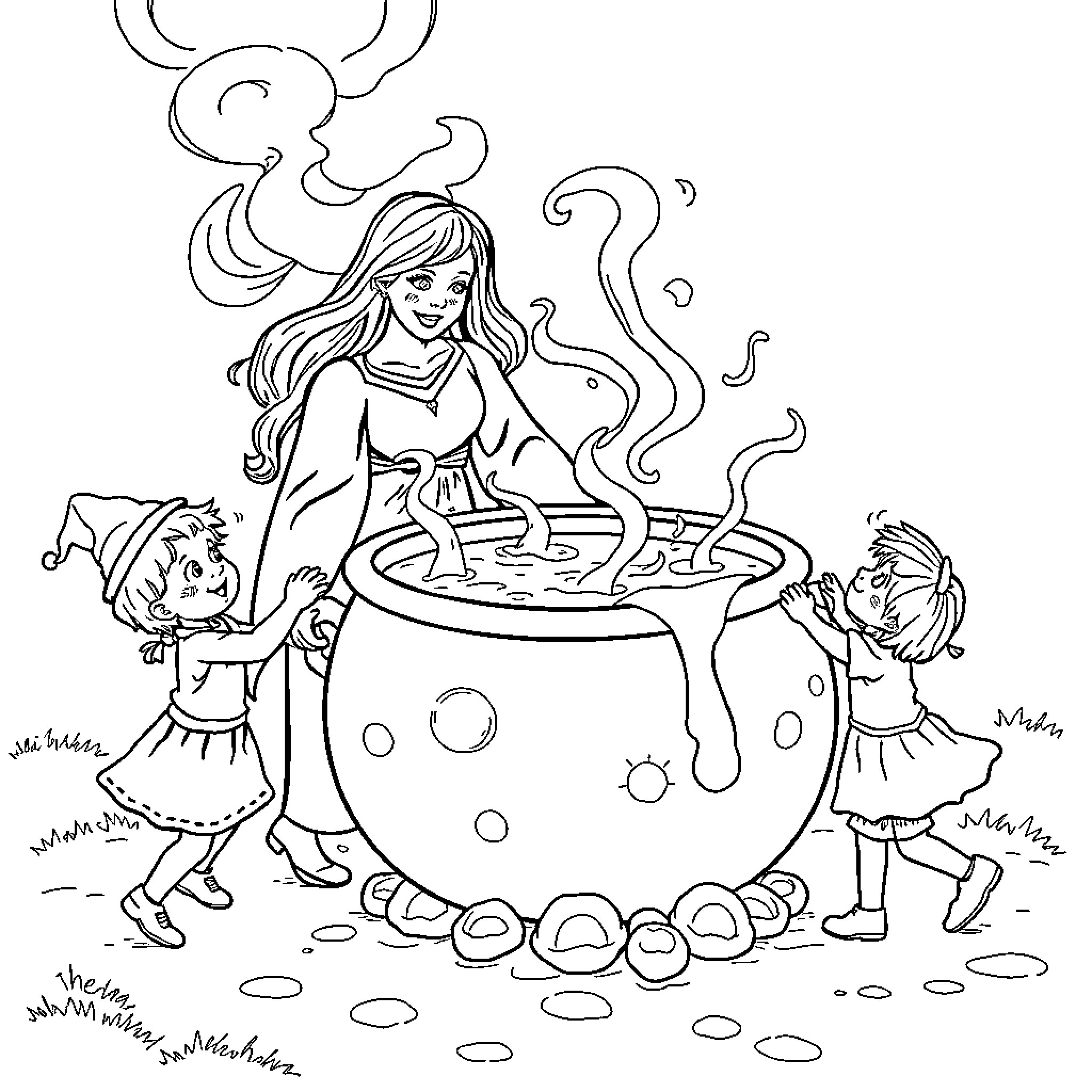 Child preparing magical potion with companions Coloring Page (free black-and-white line drawing printable PDF for all, from beginners to advanced learners, including children, teens, adults, and seniors)