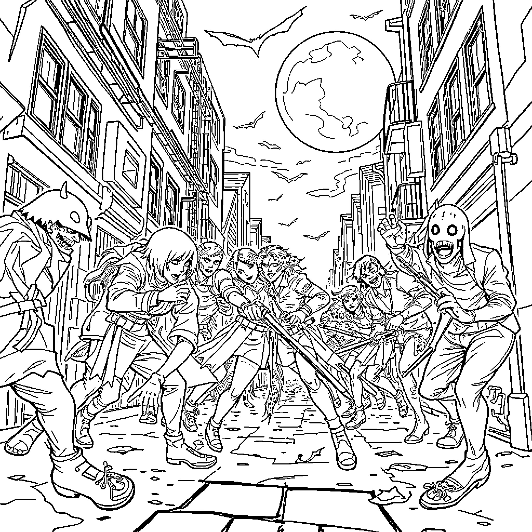 Demon Hunter Squad Taking on Supernatural Threats in the City Coloring Page (free black-and-white line drawing printable PDF for all, from beginners to advanced learners, including children, teens, adults, and seniors)