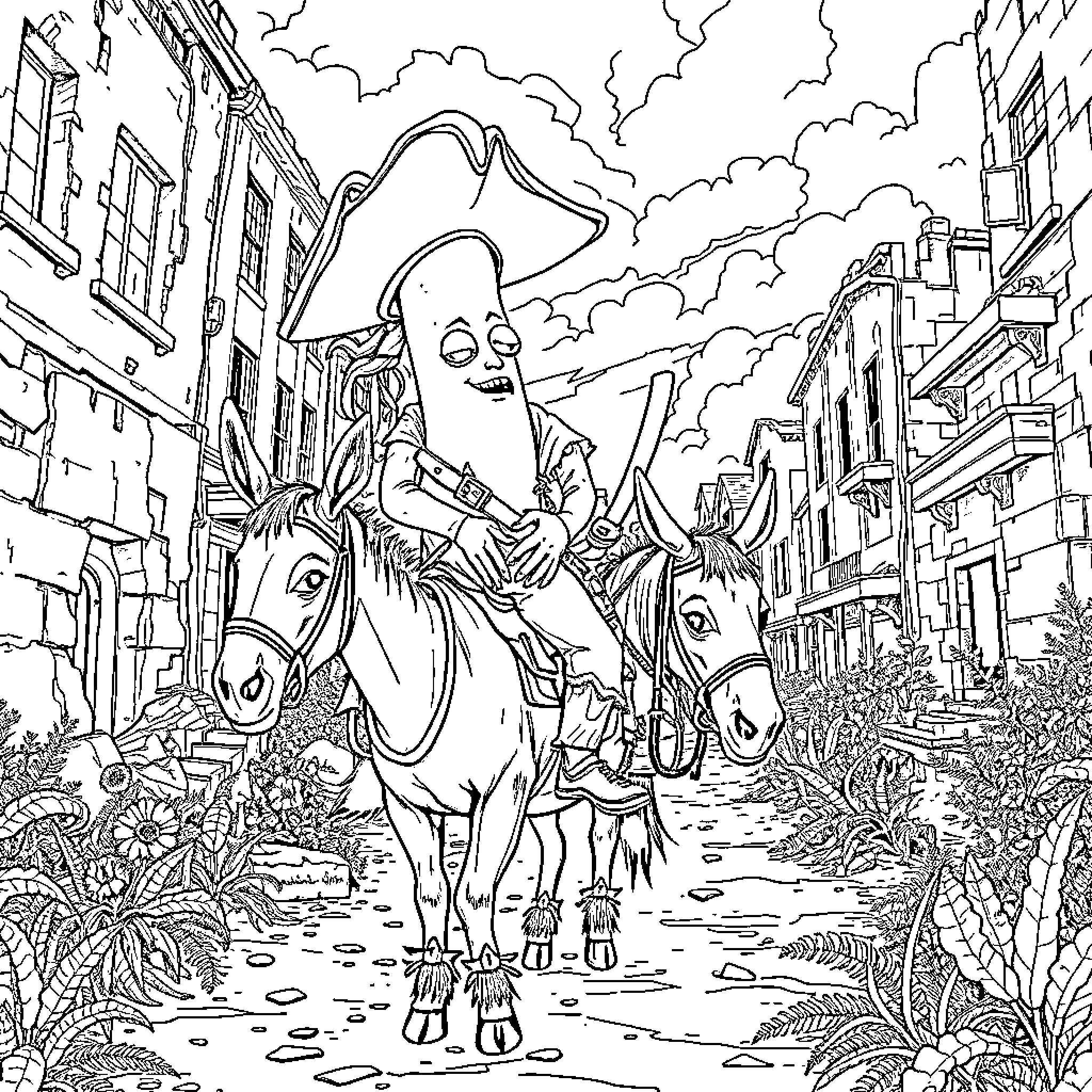 Banana Pirate rides through the stormy city streets Coloring Page (free black-and-white line drawing printable PDF for all, from beginners to advanced learners, including children, teens, adults, and seniors)