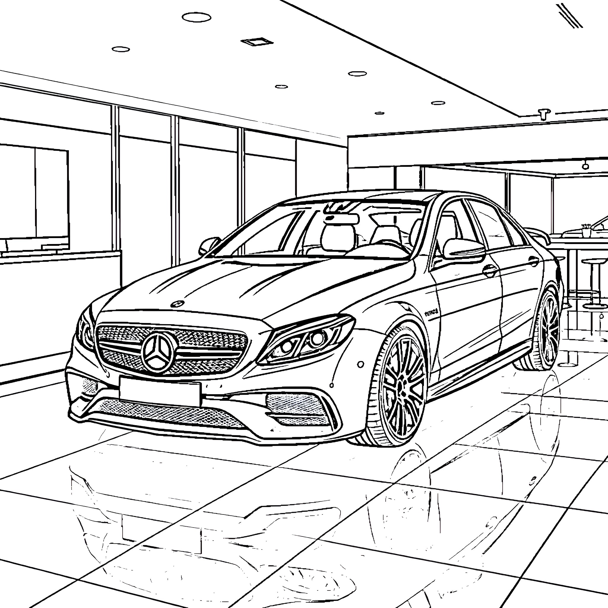 Mercedes sports car showcased in modern showroom Coloring Page (free black-and-white line drawing printable PDF for all, from beginners to advanced learners, including children, teens, adults, and seniors)