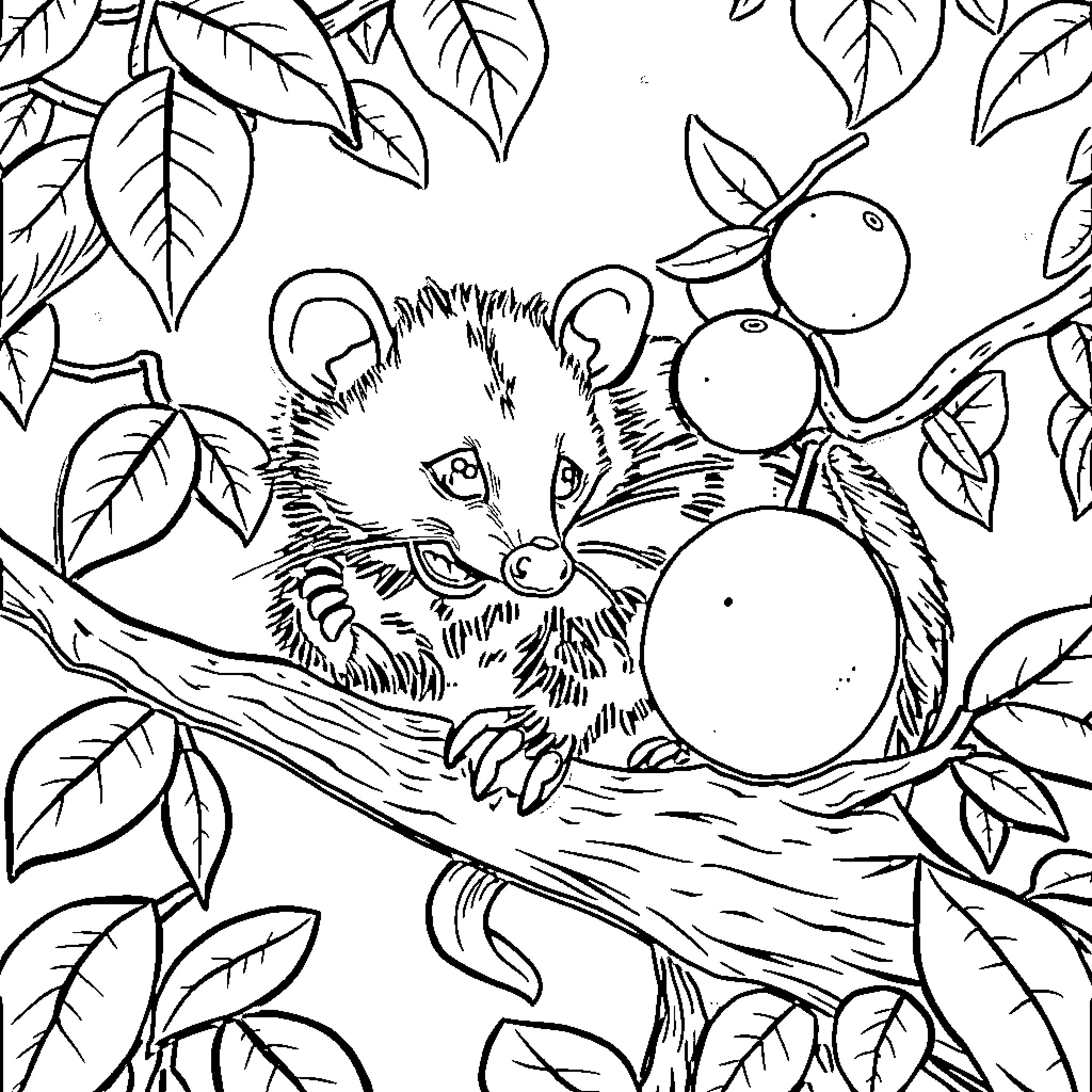 Opossum Resting Peacefully in Leafy Branches Coloring Page (free black-and-white line drawing printable PDF for all, from beginners to advanced learners, including children, teens, adults, and seniors)