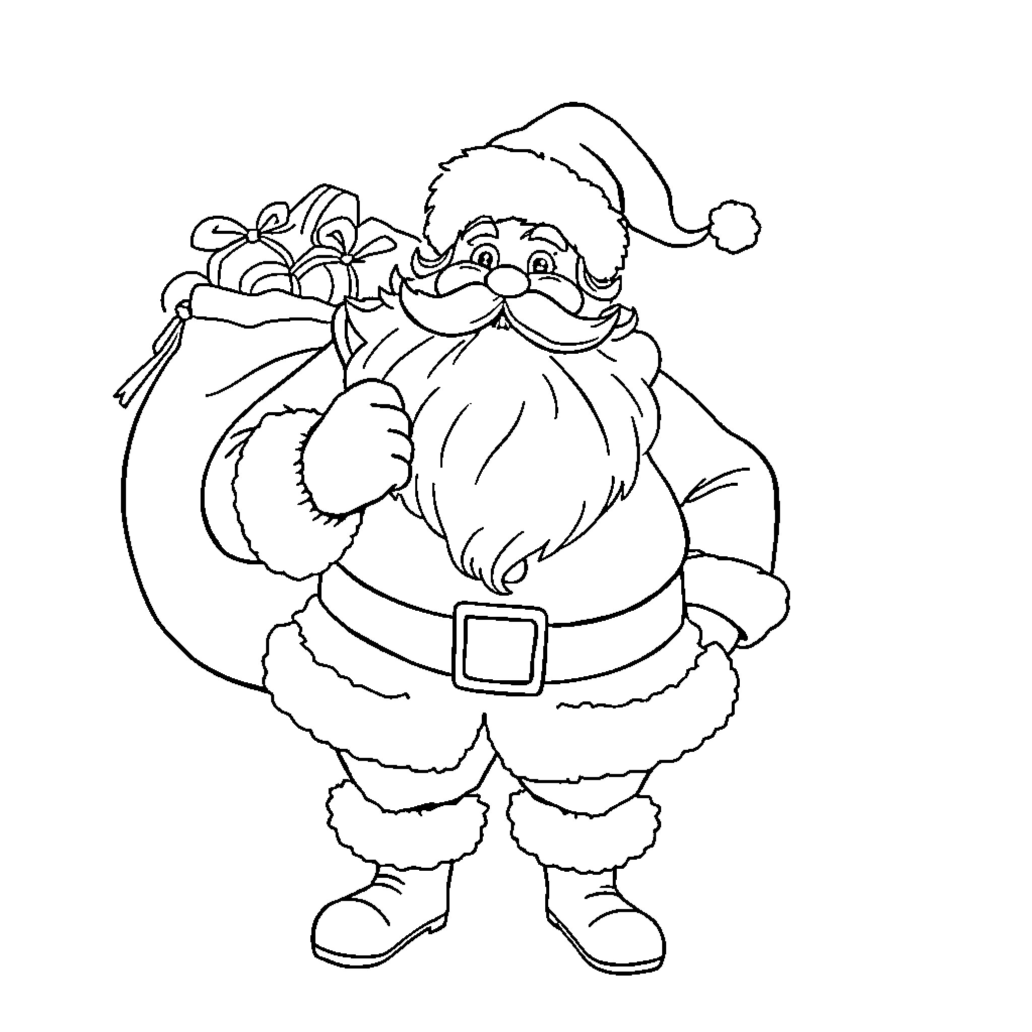 Santa Claus carrying a sack of presents Coloring Page (free black-and-white line drawing printable PDF for all, from beginners to advanced learners, including children, teens, adults, and seniors)