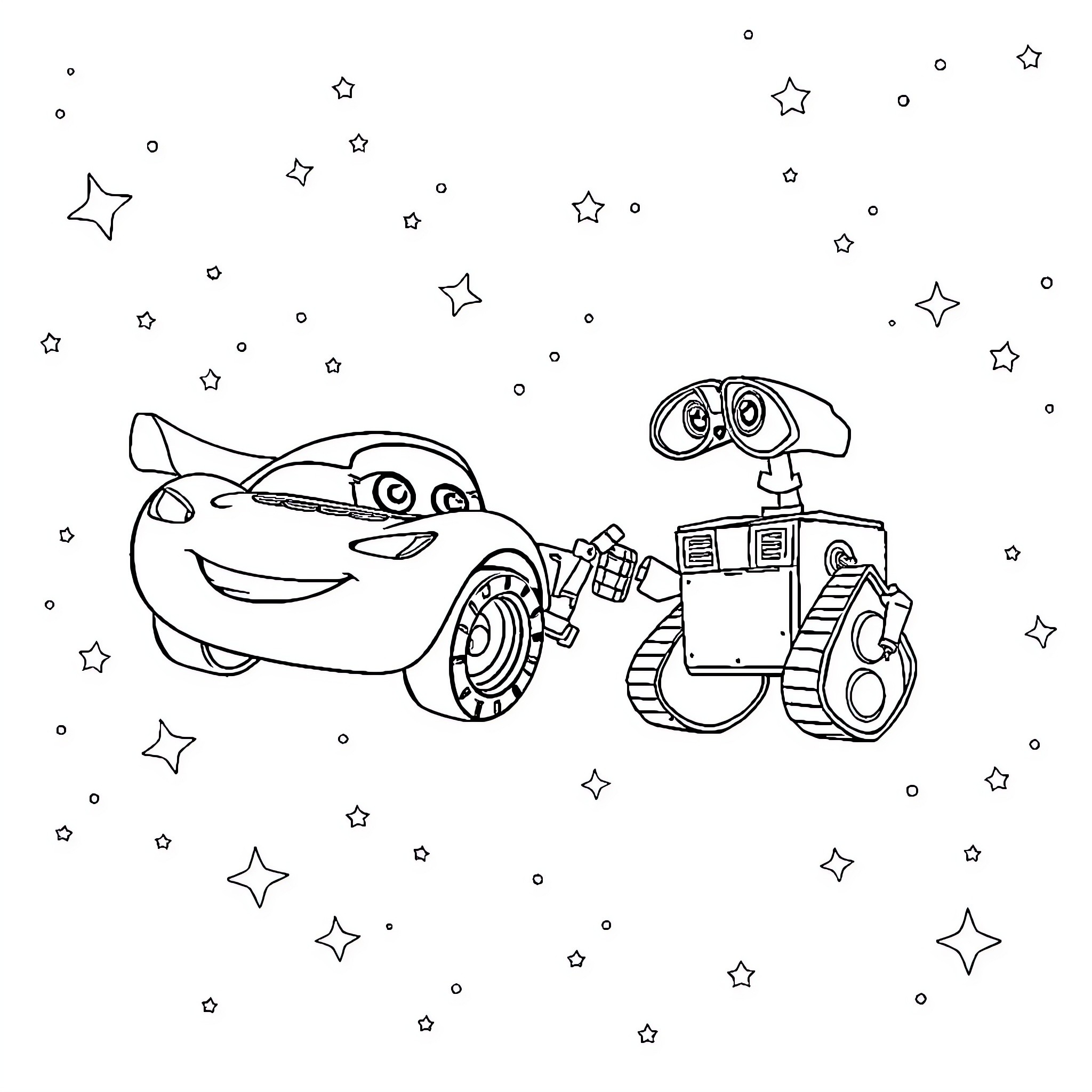 Lightning McQueen and WALL-E explore the starry night Coloring Page (free black-and-white line drawing printable PDF for all, from beginners to advanced learners, including children, teens, adults, and seniors)