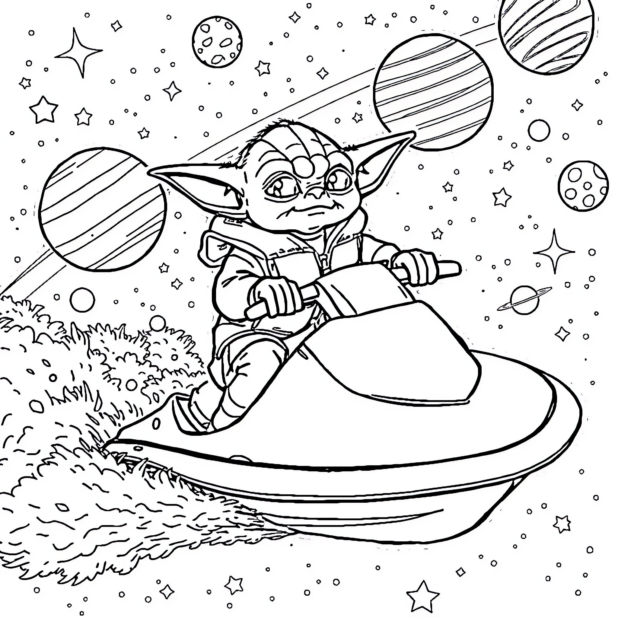 Yoda exploring the stars in his spacecraft Coloring Page (free black-and-white line drawing printable PDF for all, from beginners to advanced learners, including children, teens, adults, and seniors)