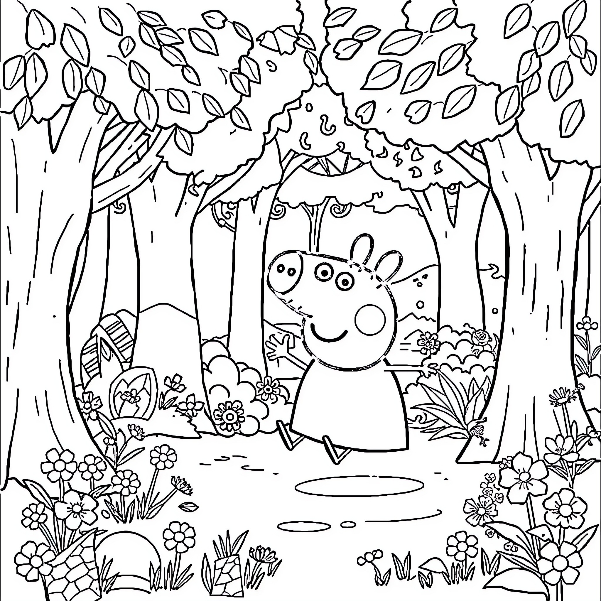 Peppa Pig exploring a magical forest Coloring Page (free black-and-white line drawing printable PDF for all, from beginners to advanced learners, including children, teens, adults, and seniors)