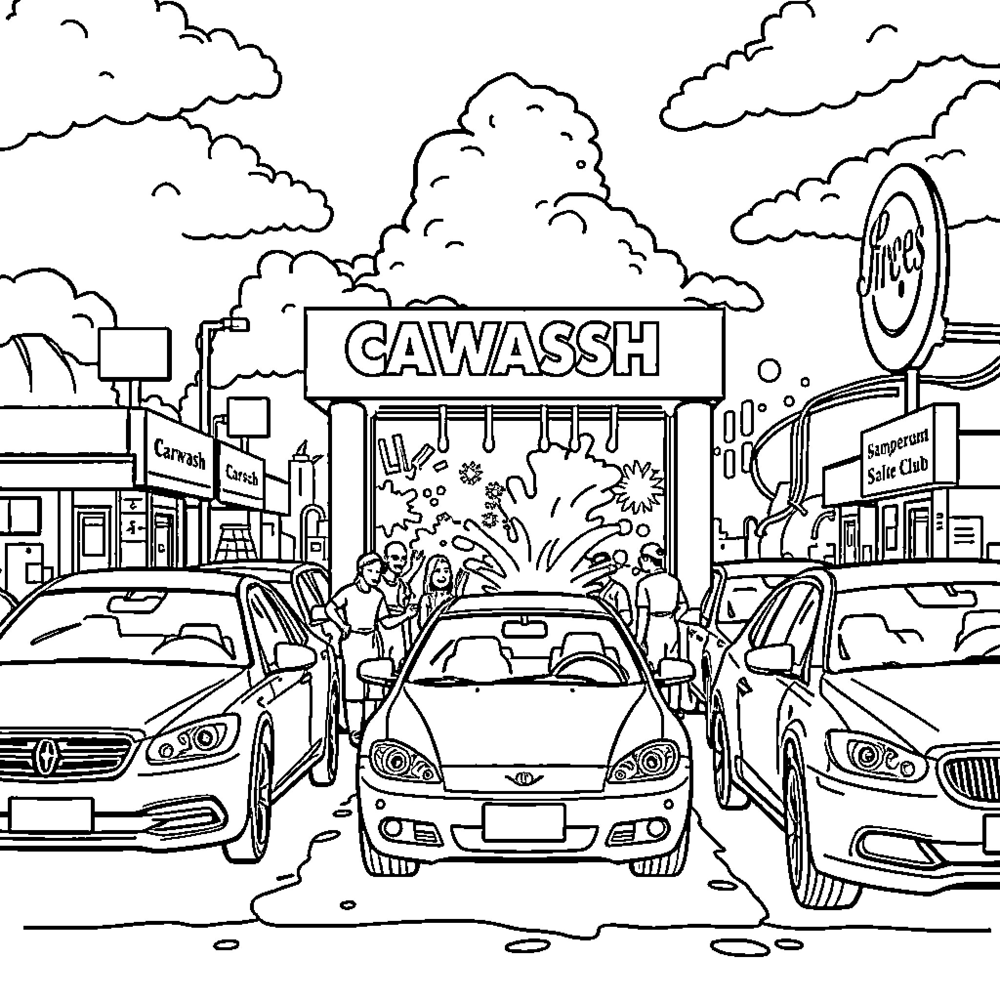 Carwash scene with busy activity and cars Coloring Page (free black-and-white line drawing printable PDF for all, from beginners to advanced learners, including children, teens, adults, and seniors)
