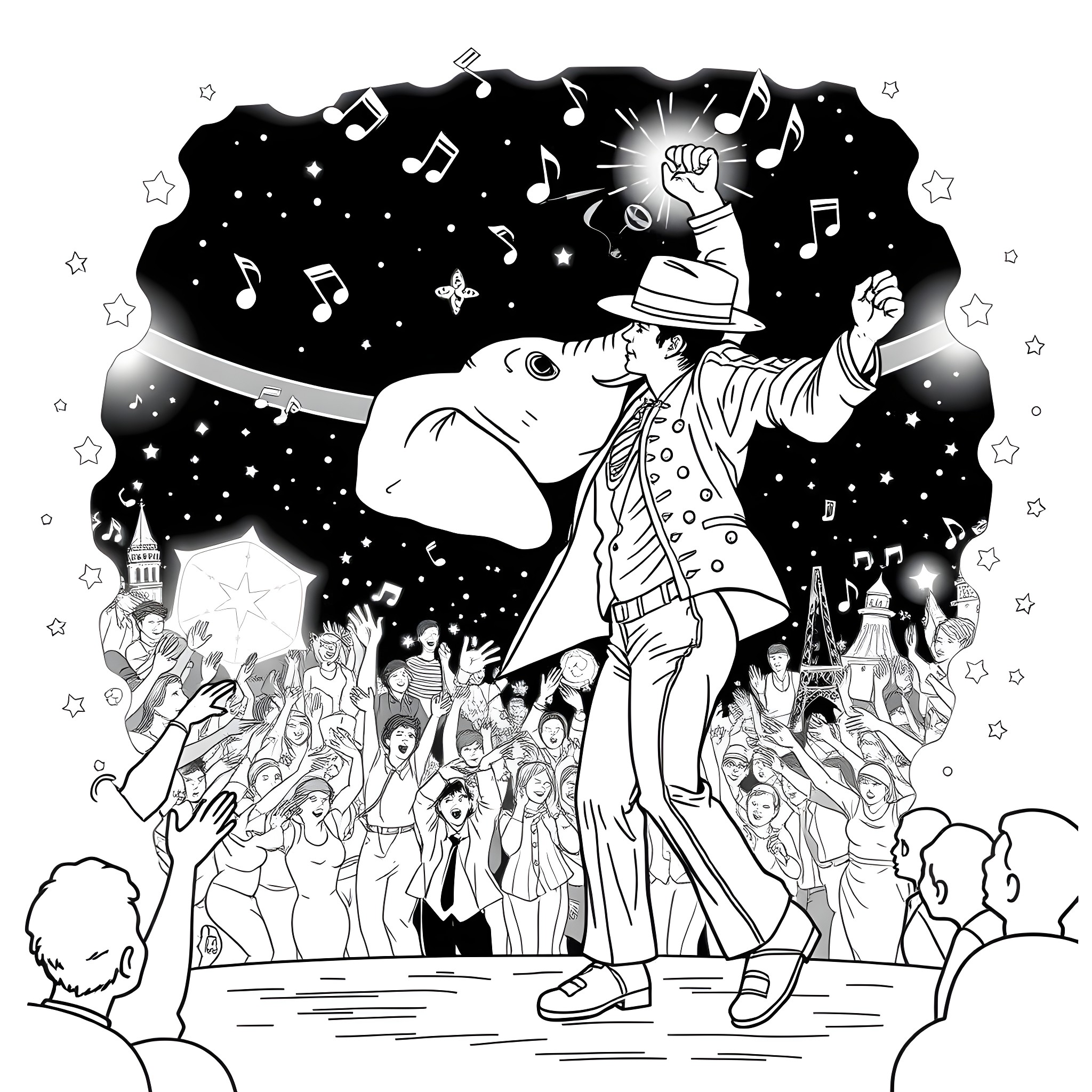 Elephant entertains the crowd with music and dance Coloring Page (free black-and-white line drawing printable PDF for all, from beginners to advanced learners, including children, teens, adults, and seniors)