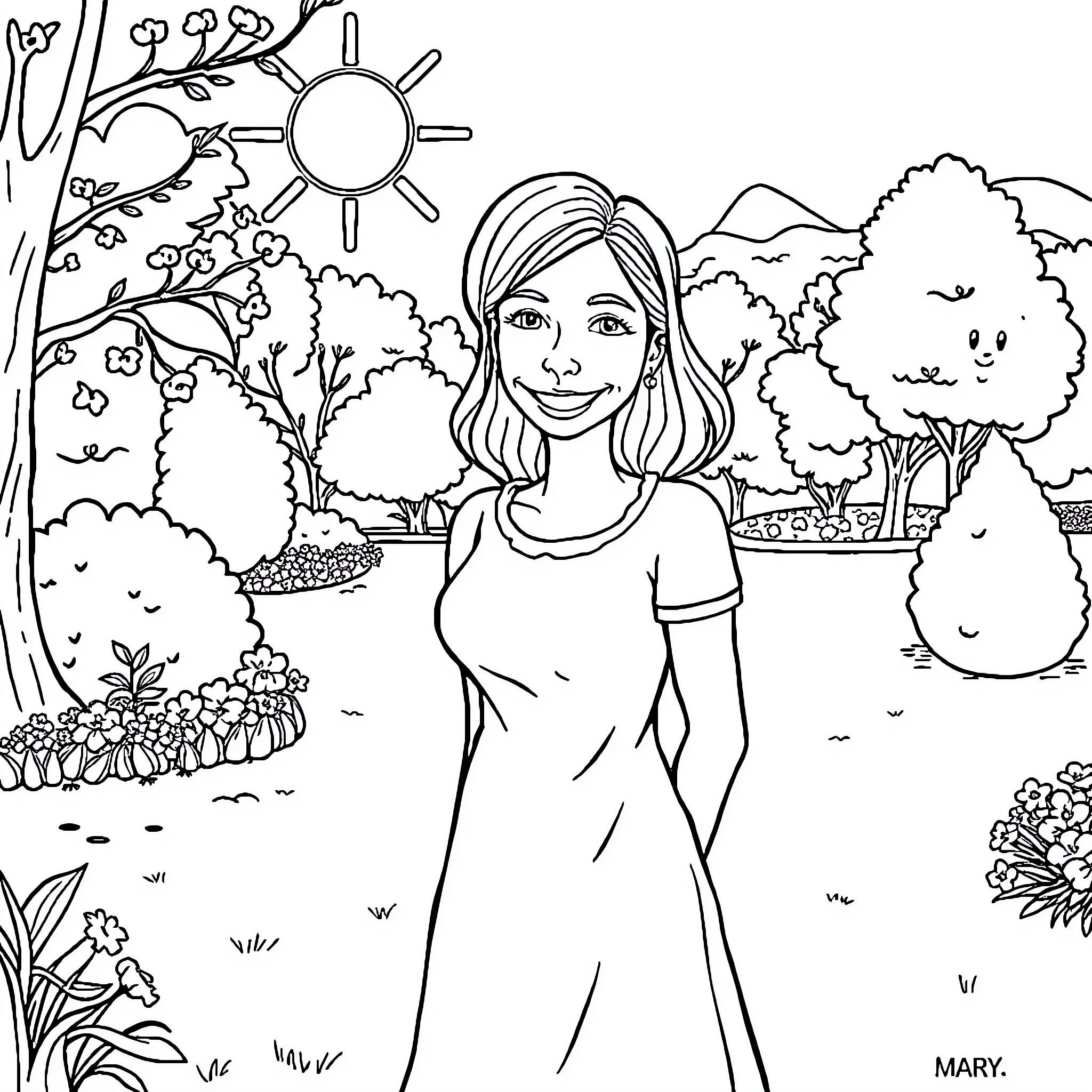 Mary enjoying the outdoors in a peaceful garden Coloring Page (free black-and-white line drawing printable PDF for all, from beginners to advanced learners, including children, teens, adults, and seniors)