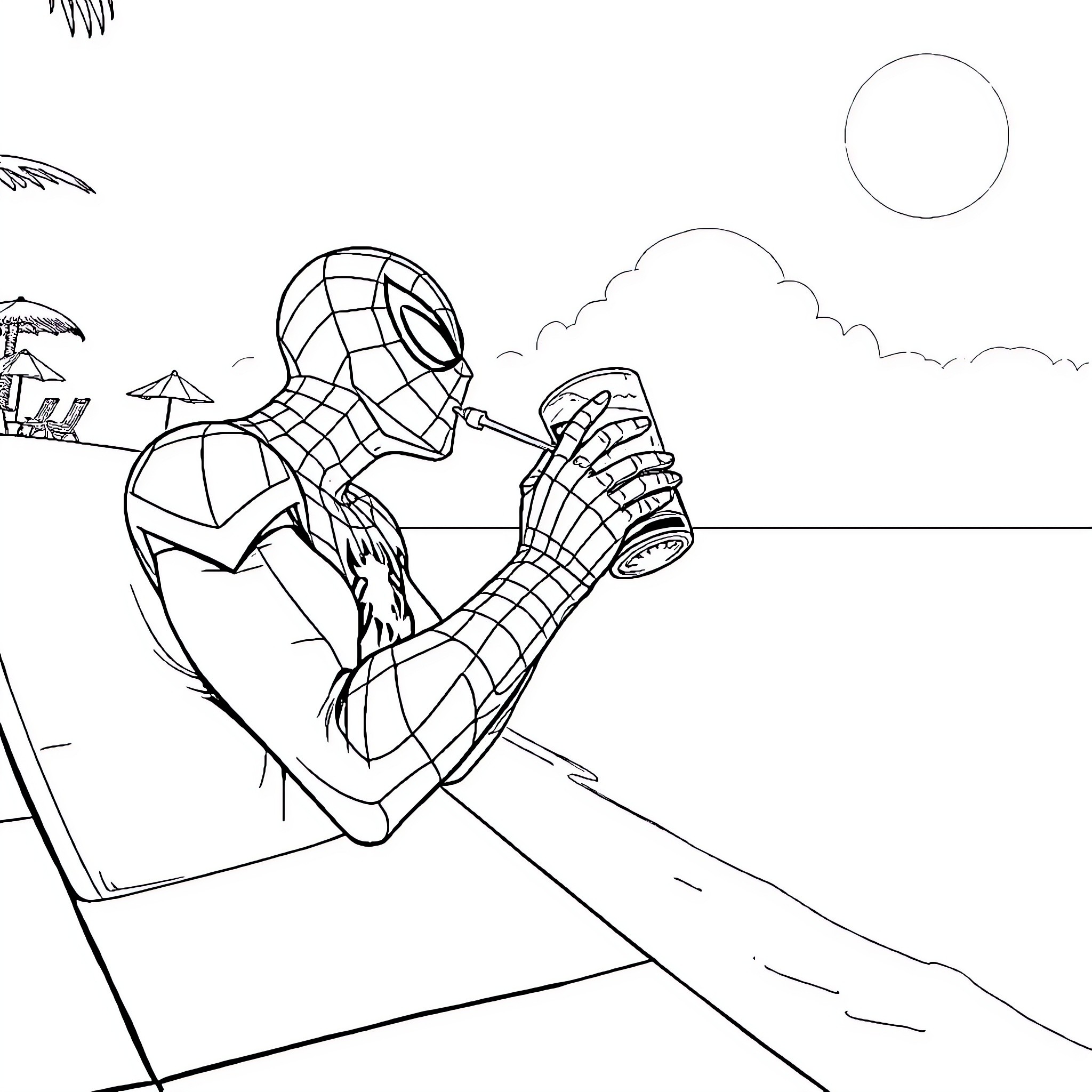 Spider-Man Swinging through the City Coloring Page (free black-and-white line drawing printable PDF for all, from beginners to advanced learners, including children, teens, adults, and seniors)