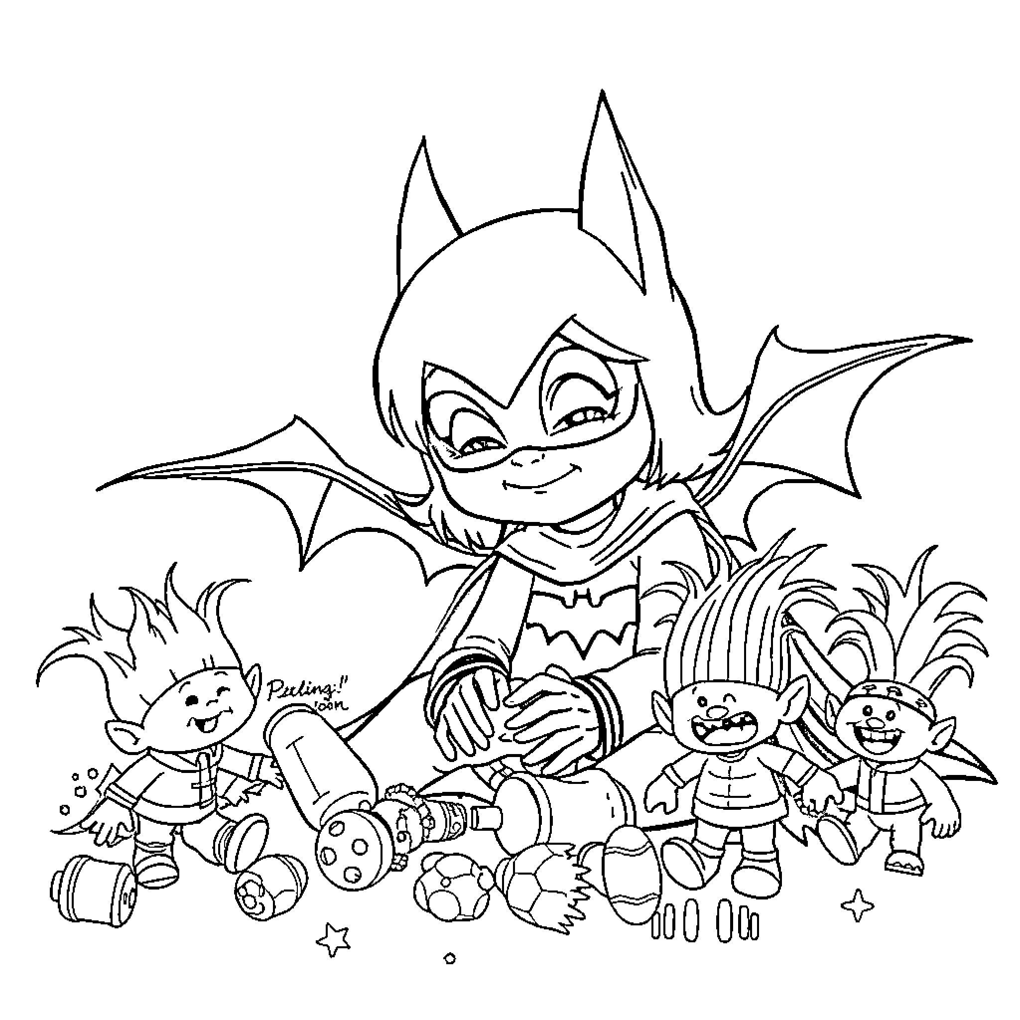 Batgirl and Troll Friends in Adventure Coloring Page (free black-and-white line drawing printable PDF for all, from beginners to advanced learners, including children, teens, adults, and seniors)