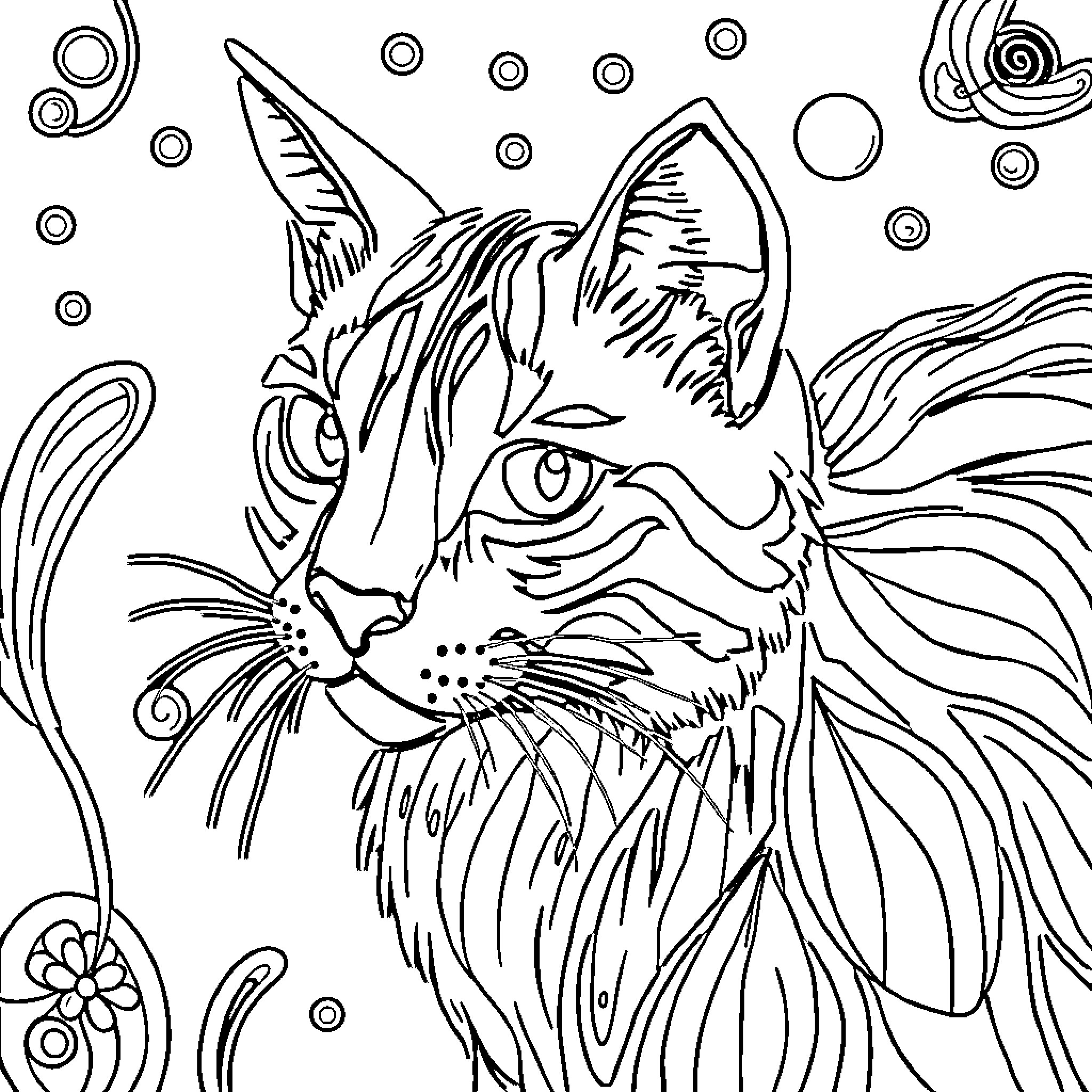 Stitch of a Detailed Cat Portrait with Ornate Patterns Coloring Page (free black-and-white line drawing printable PDF for all, from beginners to advanced learners, including children, teens, adults, and seniors)