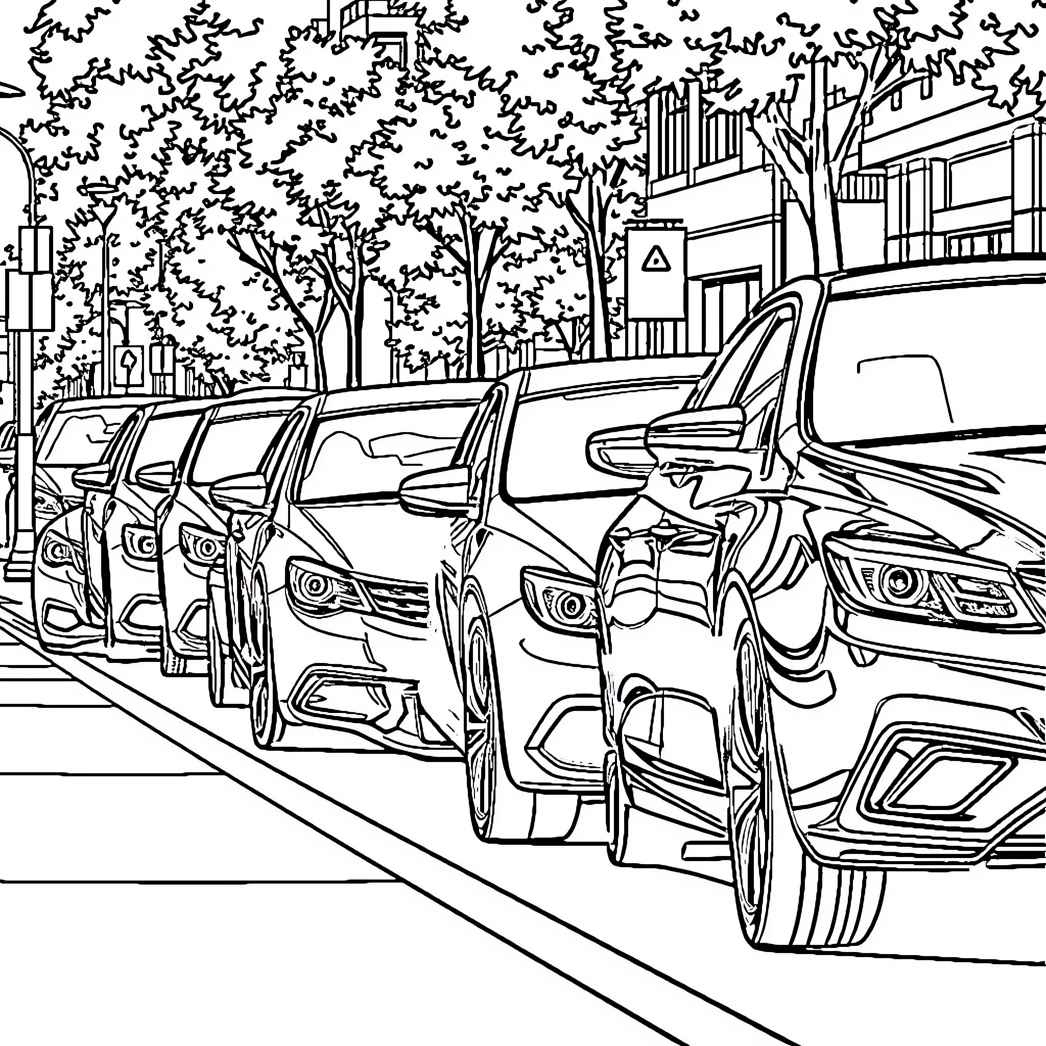Car park scene with buildings and trees Coloring Page (free black-and-white line drawing printable PDF for all, from beginners to advanced learners, including children, teens, adults, and seniors)