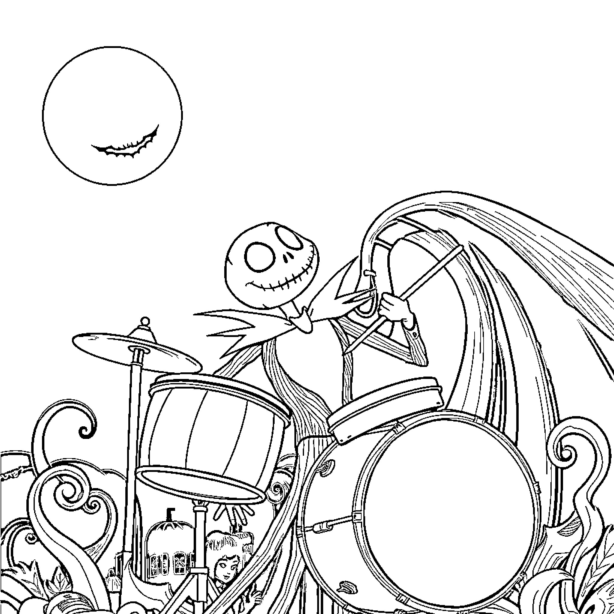 Jack Skellington playing drums in a fantastical scene Coloring Page (free black-and-white line drawing printable PDF for all, from beginners to advanced learners, including children, teens, adults, and seniors)