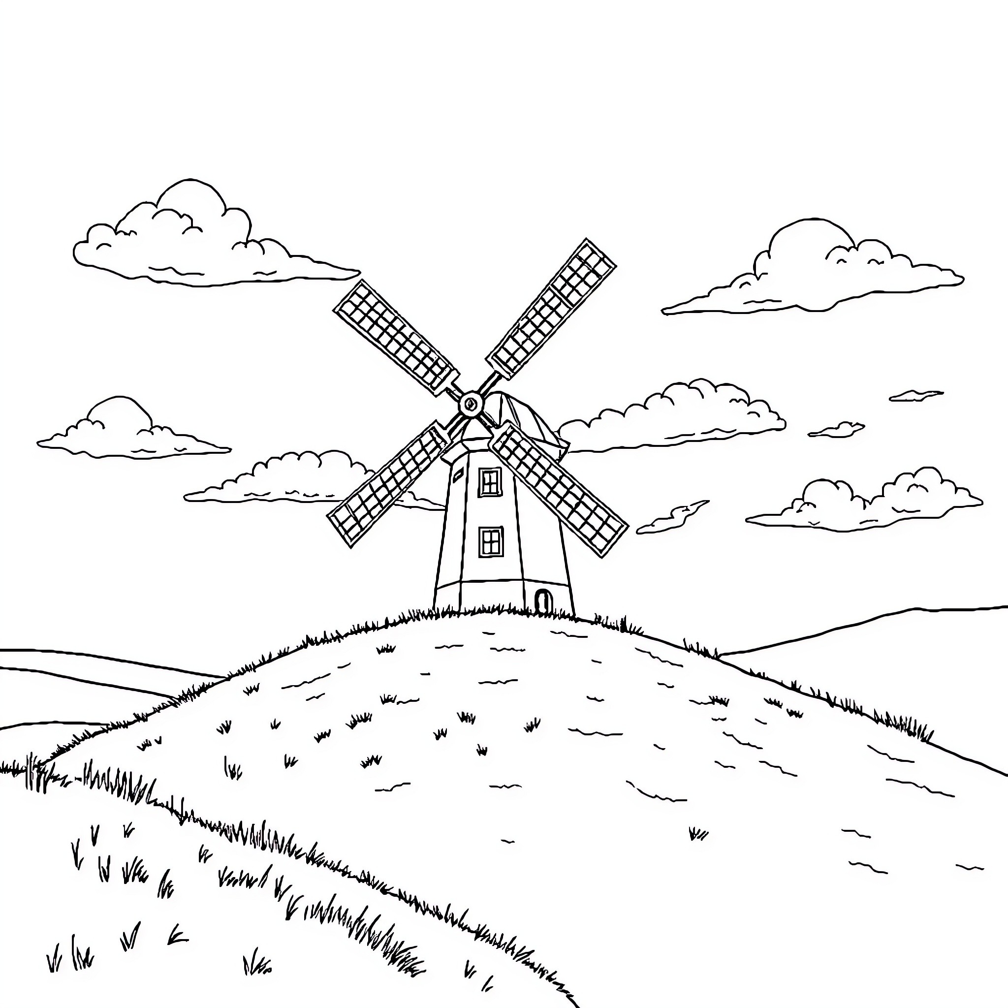 Windmill standing tall in the countryside Coloring Page (free black-and-white line drawing printable PDF for all, from beginners to advanced learners, including children, teens, adults, and seniors)