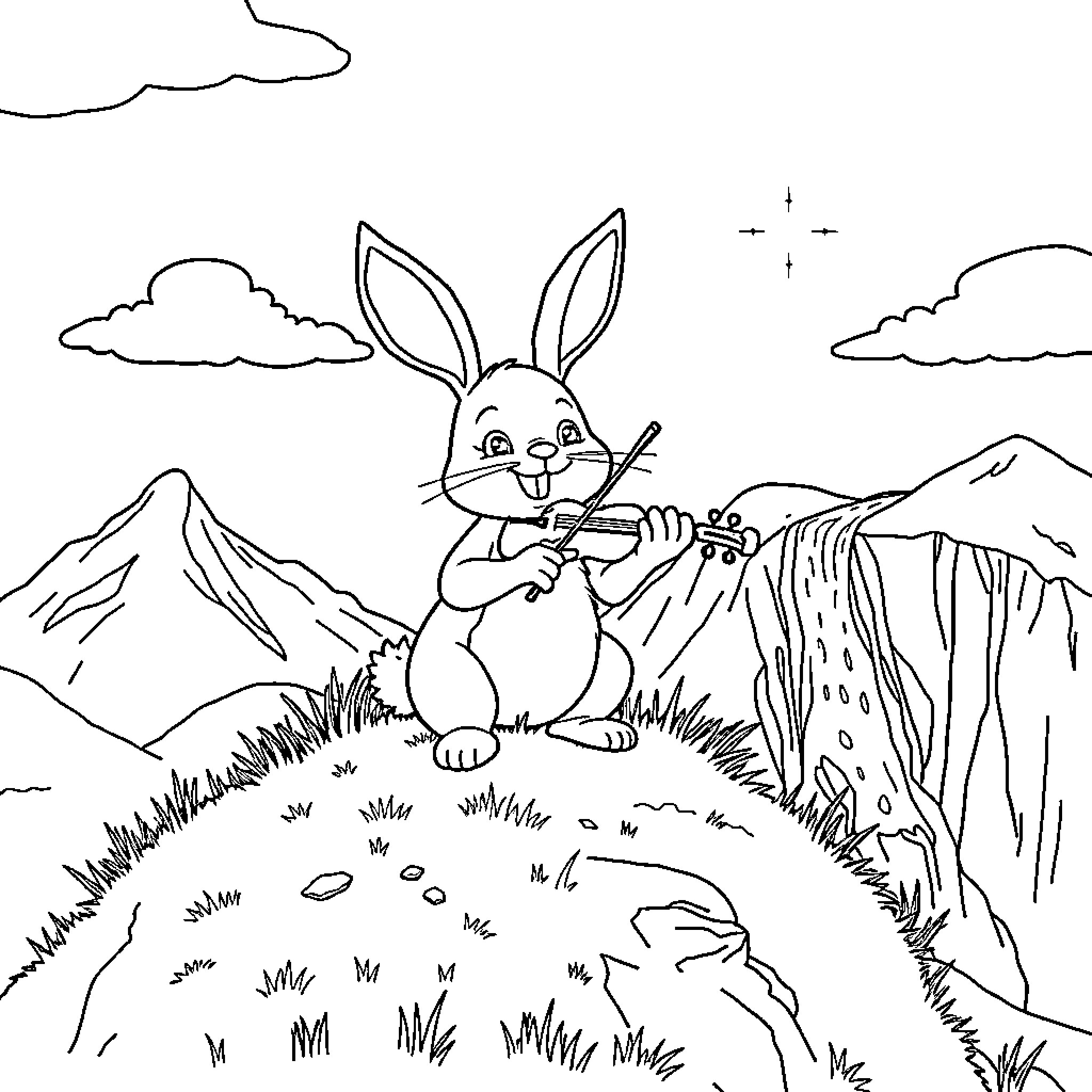 Rabbit playing a musical instrument in the mountains Coloring Page (free black-and-white line drawing printable PDF for all, from beginners to advanced learners, including children, teens, adults, and seniors)