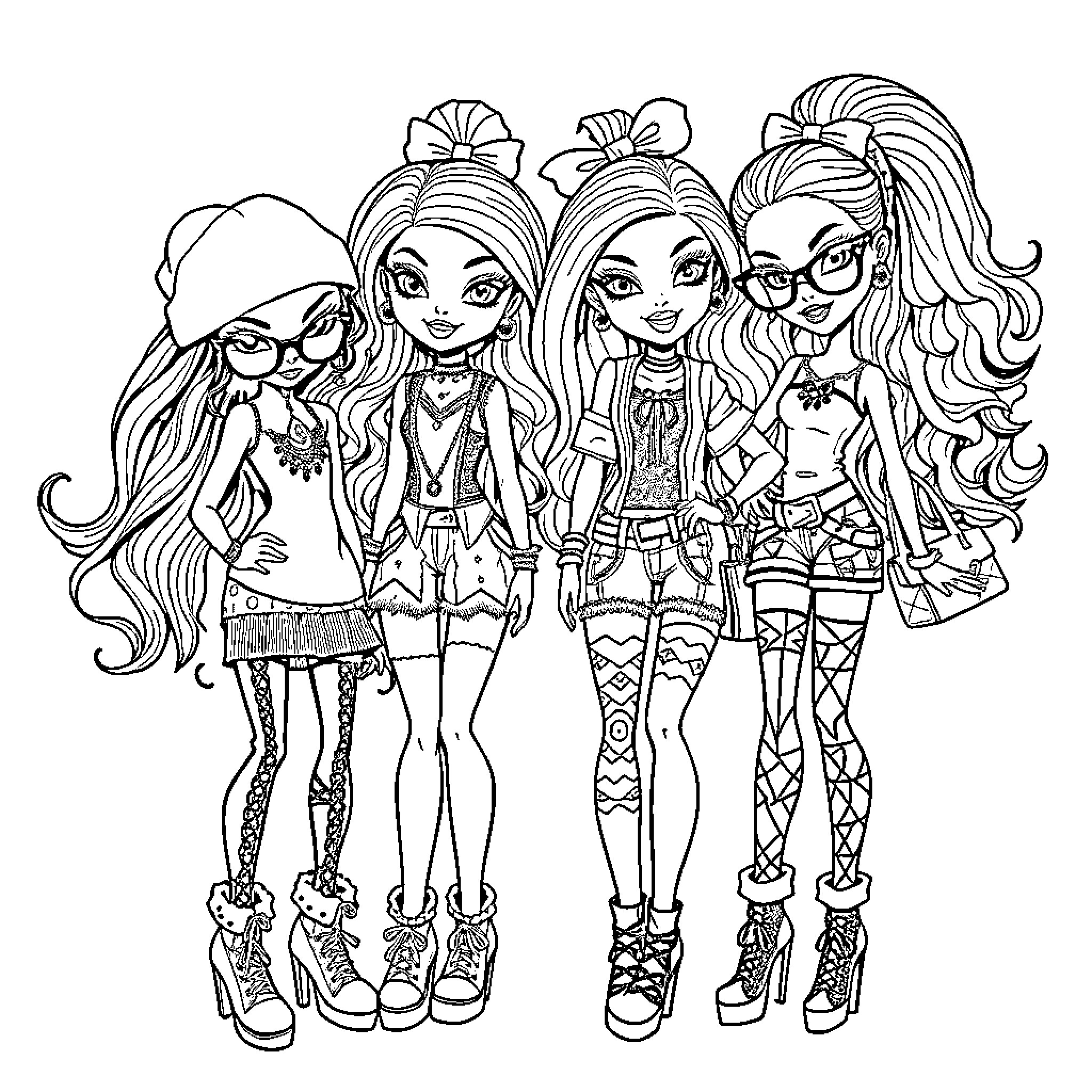 Bratz girls in fashionable and expressive outfits Coloring Page (free black-and-white line drawing printable PDF for all, from beginners to advanced learners, including children, teens, adults, and seniors)
