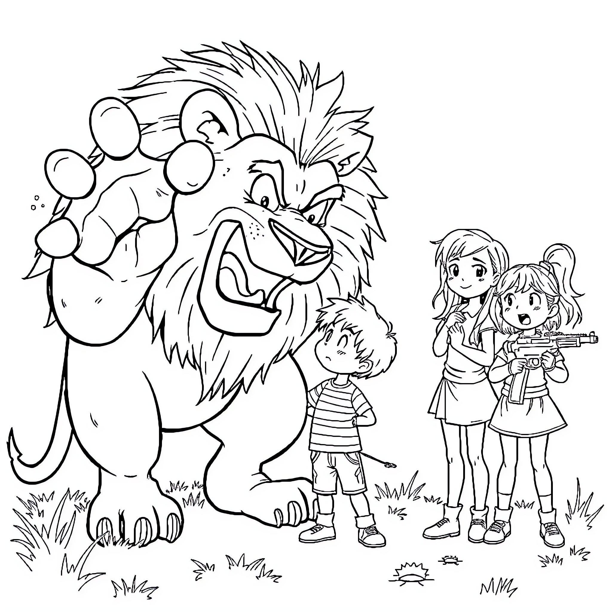 Lion interacting with children in a friendly manner Coloring Page (free black-and-white line drawing printable PDF for all, from beginners to advanced learners, including children, teens, adults, and seniors)