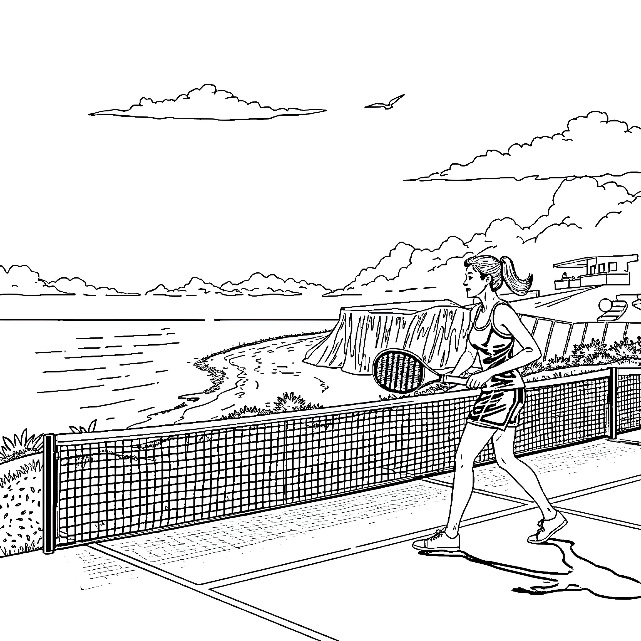 Padel Tennis Players Engaged in a Lively Match Coloring Page (free black-and-white line drawing printable PDF for all, from beginners to advanced learners, including children, teens, adults, and seniors)