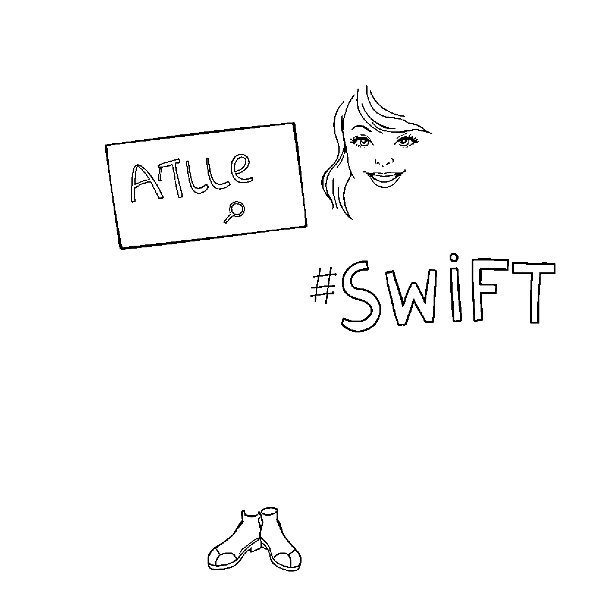 Taylor Swift with Artistic Hashtag and Accessories Coloring Page (free black-and-white line drawing printable PDF for all, from beginners to advanced learners, including children, teens, adults, and seniors)