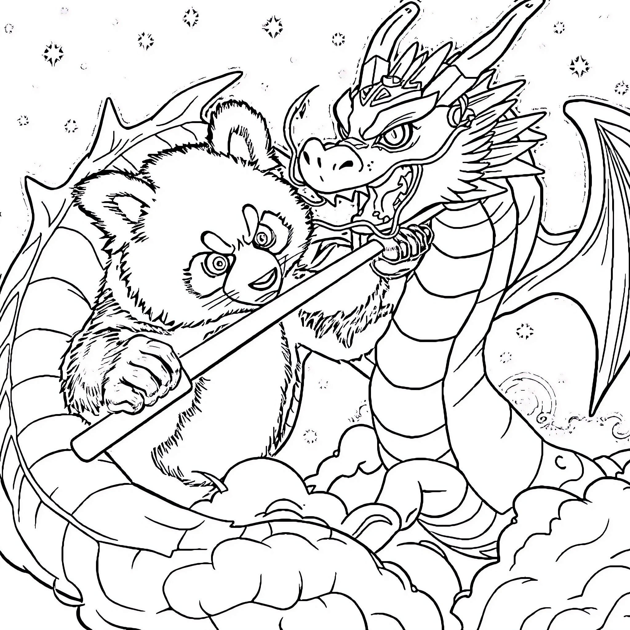 Panda riding a mythical dragon in the sky Coloring Page (free black-and-white line drawing printable PDF for all, from beginners to advanced learners, including children, teens, adults, and seniors)