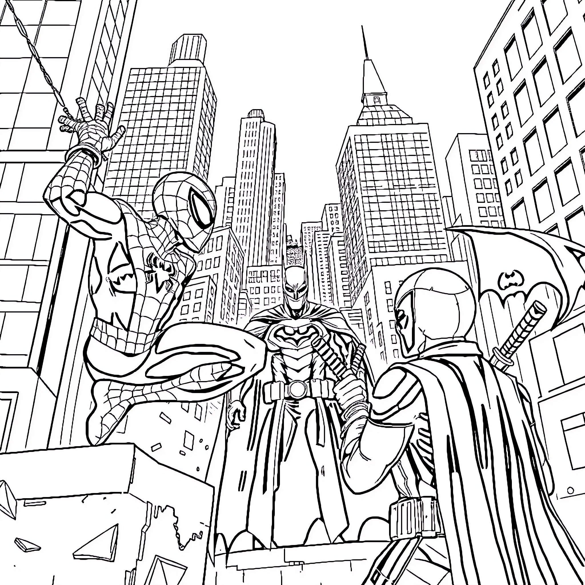 Superhero Defenders Guarding the City Skyline Coloring Page (free black-and-white line drawing printable PDF for all, from beginners to advanced learners, including children, teens, adults, and seniors)