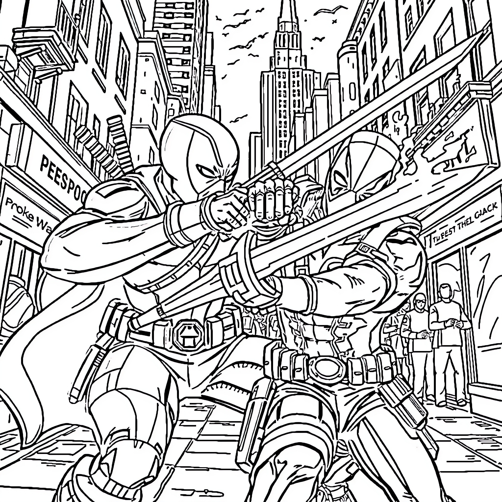 Worf battles villains in the city streets Coloring Page (free black-and-white line drawing printable PDF for all, from beginners to advanced learners, including children, teens, adults, and seniors)