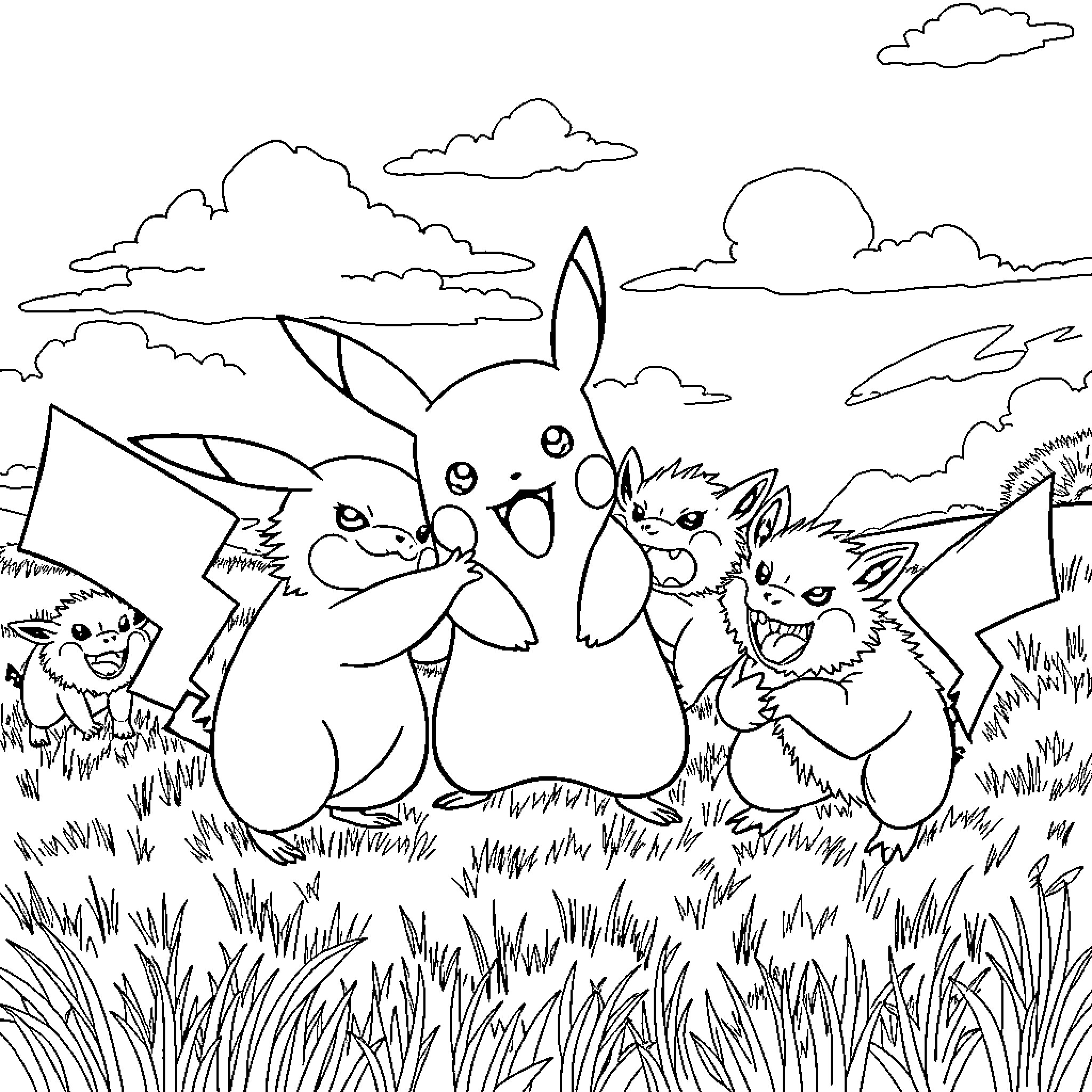 Pikachu playing with friends in the outdoors Coloring Page (free black-and-white line drawing printable PDF for all, from beginners to advanced learners, including children, teens, adults, and seniors)