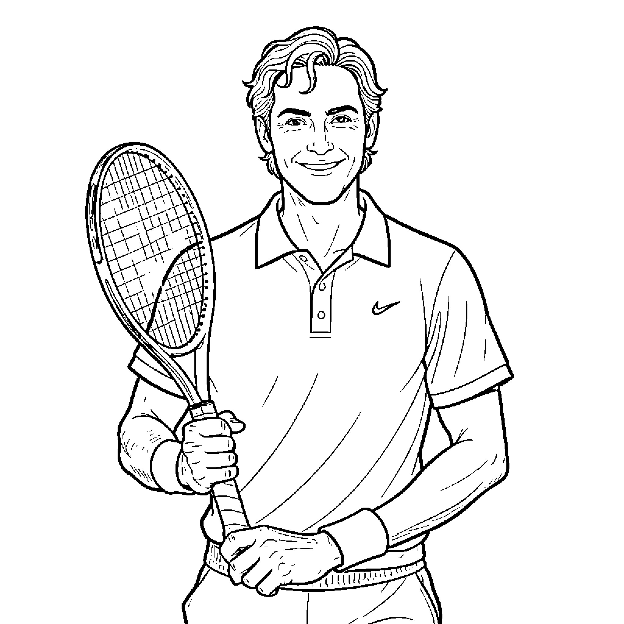 Roger Federer holding tennis racket with confidence Coloring Page (free black-and-white line drawing printable PDF for all, from beginners to advanced learners, including children, teens, adults, and seniors)