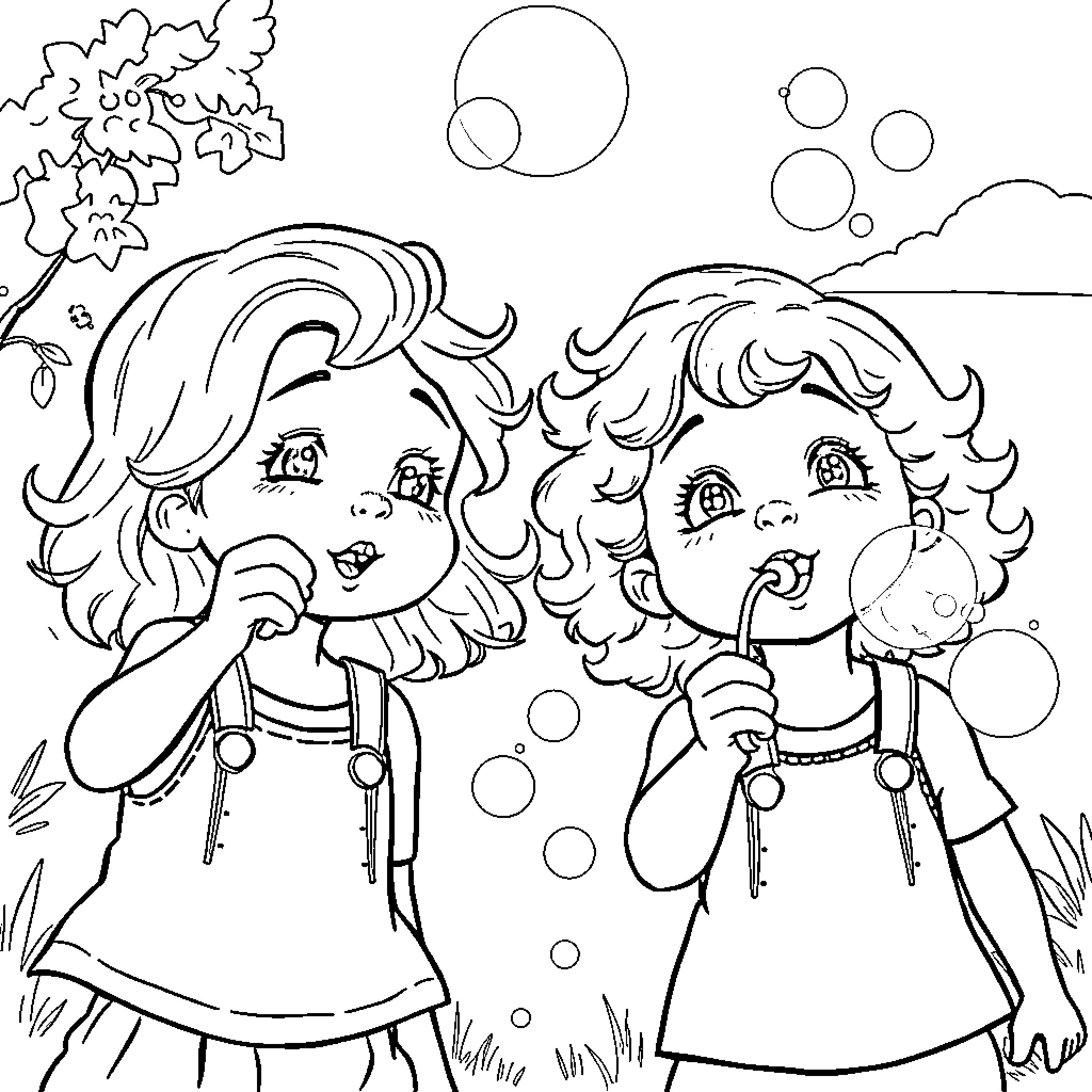 Twin Girls Blowing Bubbles Outdoors Coloring Page (free black-and-white line drawing printable PDF for all, from beginners to advanced learners, including children, teens, adults, and seniors)