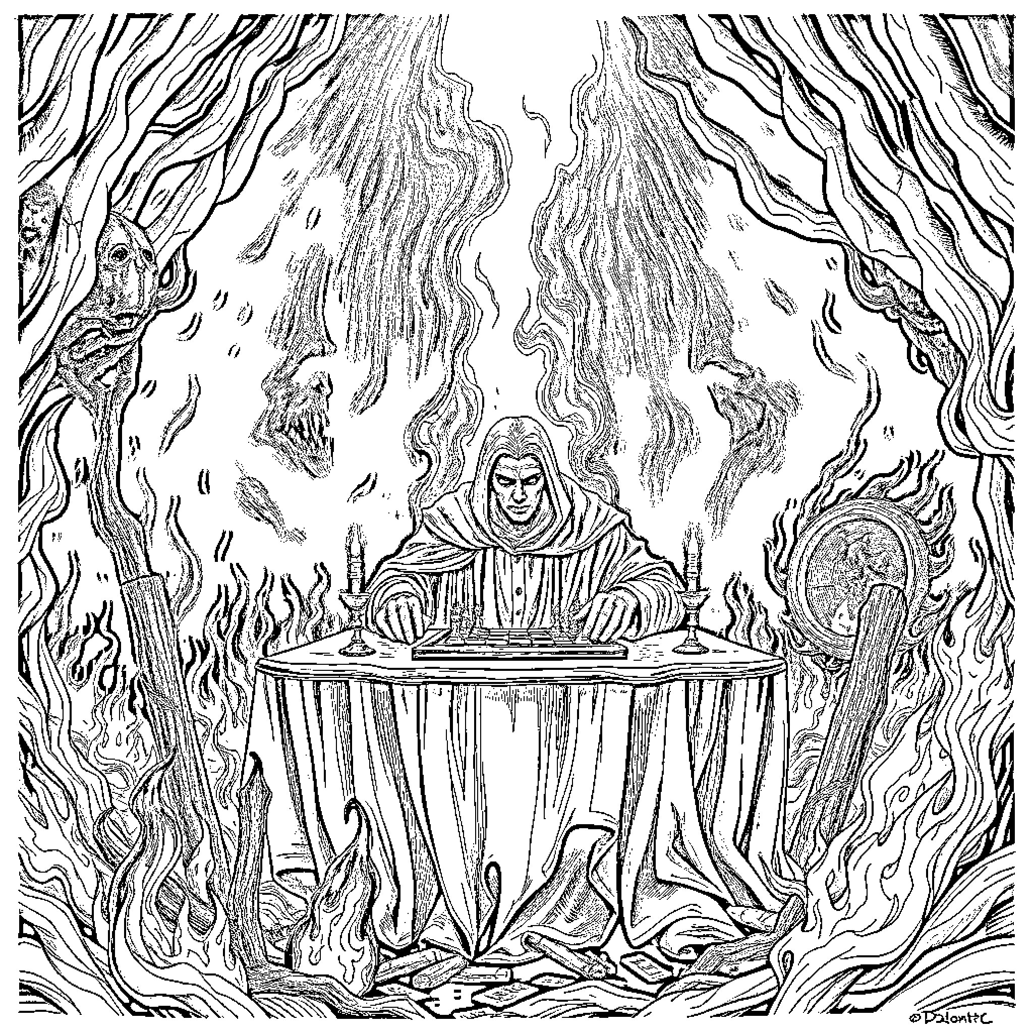 Dante's Mystical Ritual Amongst Ethereal Flames Coloring Page (free black-and-white line drawing printable PDF for all, from beginners to advanced learners, including children, teens, adults, and seniors)