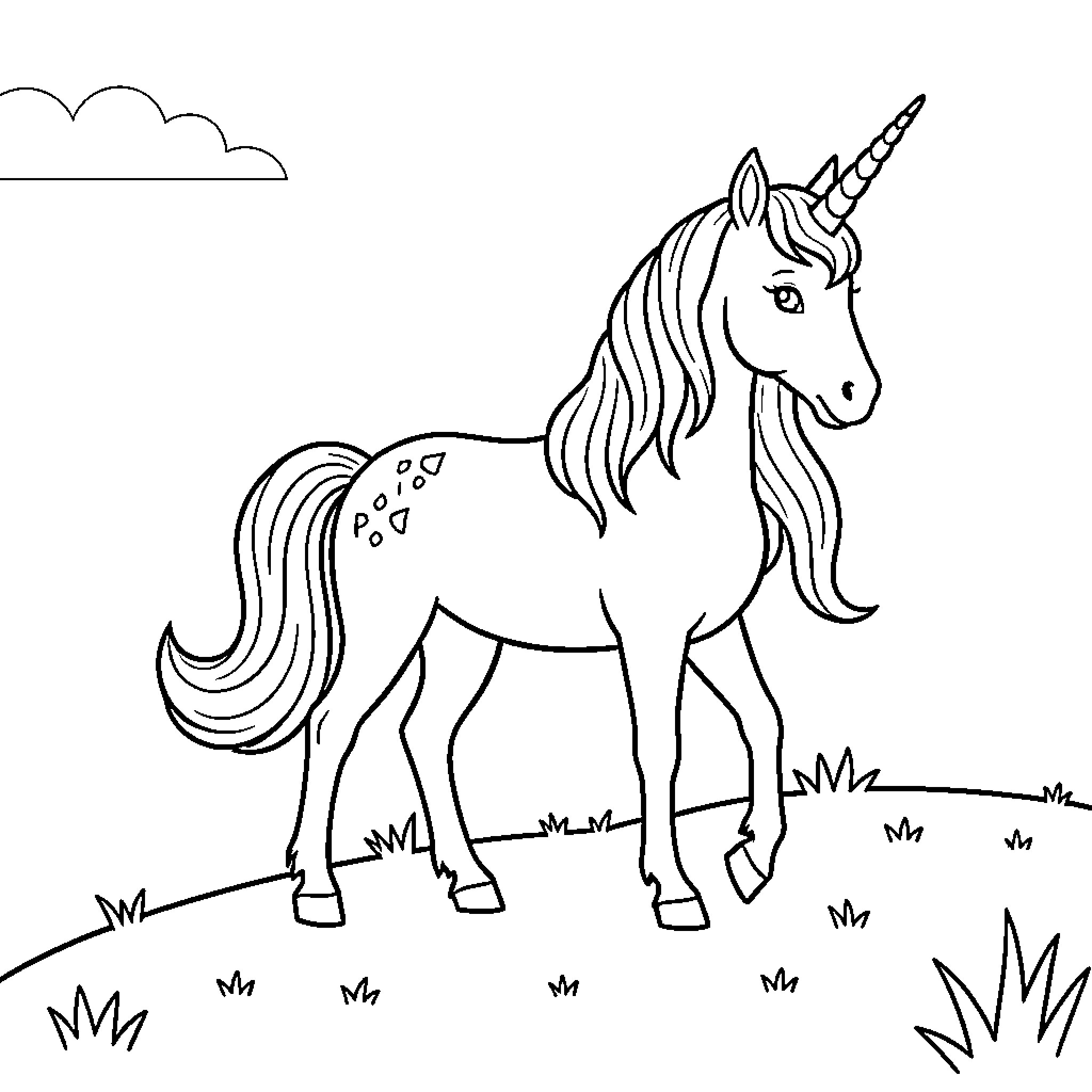 Unicorn standing gracefully in a grassy field Coloring Page (free black-and-white line drawing printable PDF for all, from beginners to advanced learners, including children, teens, adults, and seniors)