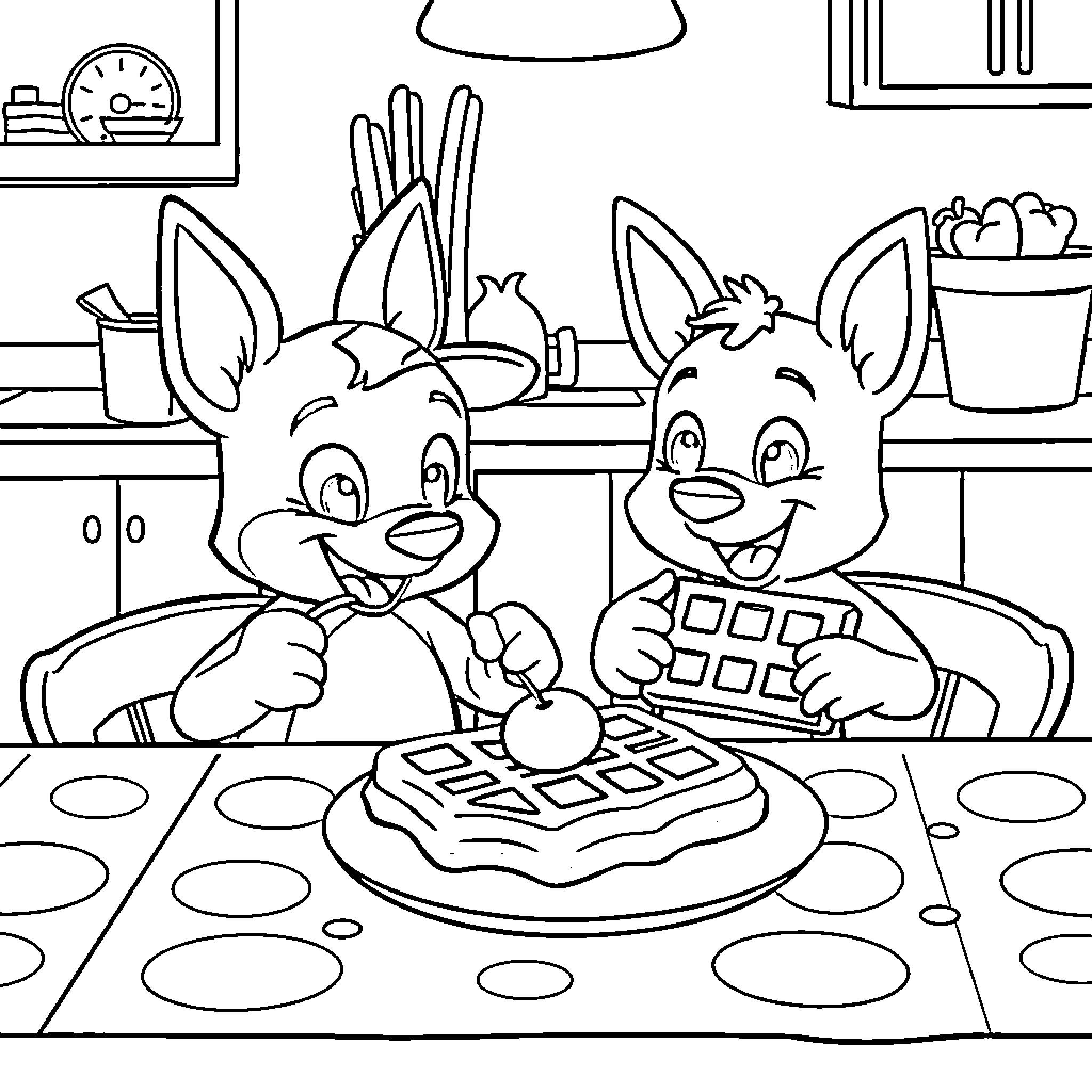 Bluey and Bingo Enjoy a Tasty Treat Together Coloring Page (free black-and-white line drawing printable PDF for all, from beginners to advanced learners, including children, teens, adults, and seniors)
