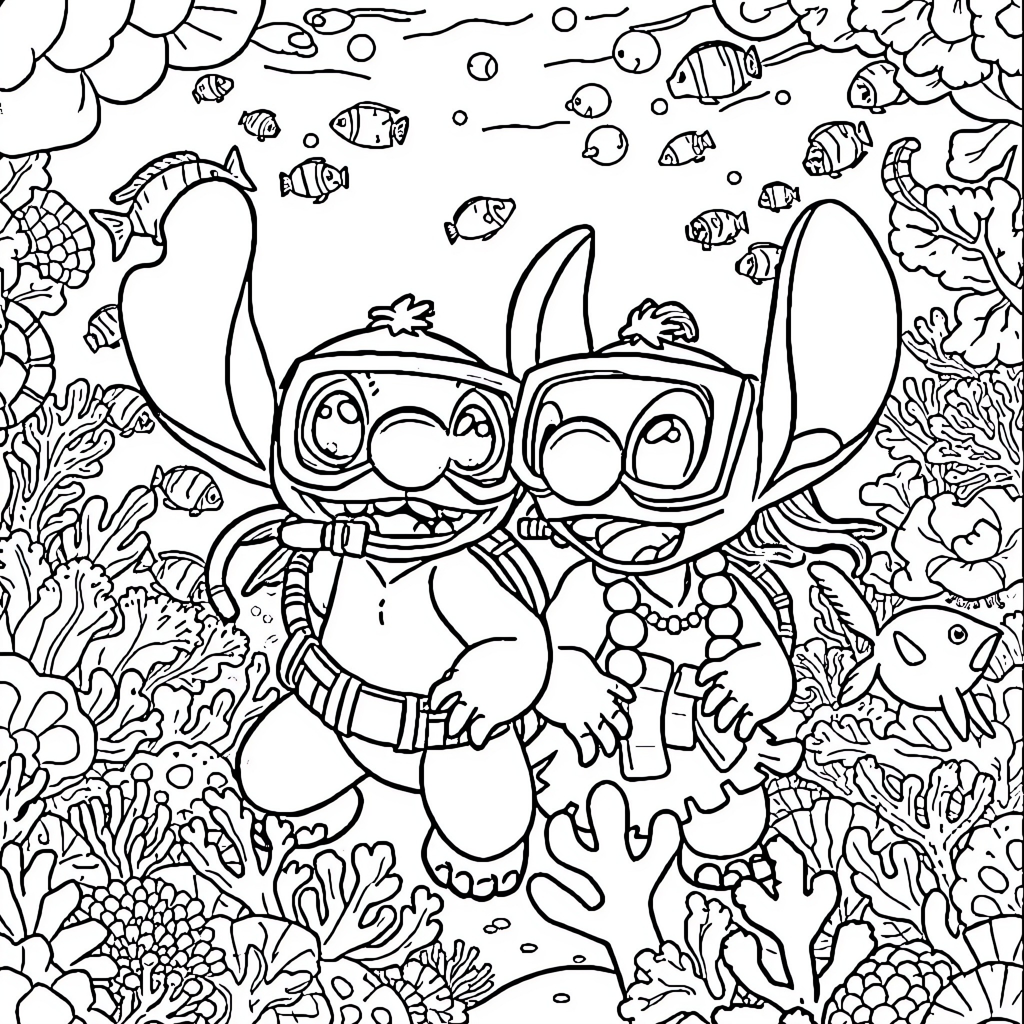 Lilo's Underwater Adventure with Stitch Coloring Page (free black-and-white line drawing printable PDF for all, from beginners to advanced learners, including children, teens, adults, and seniors)