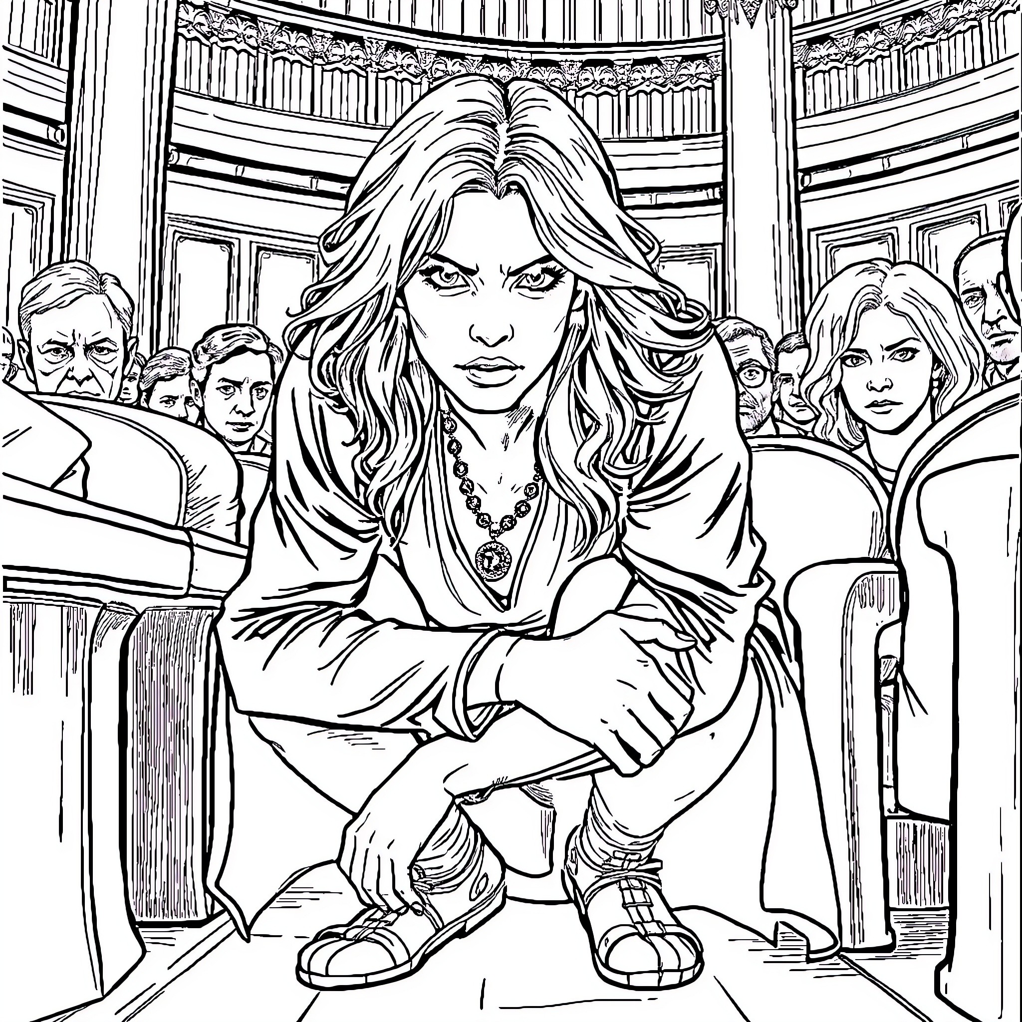 Giorgia Meloni in a Formal Setting with Others Coloring Page (free black-and-white line drawing printable PDF for all, from beginners to advanced learners, including children, teens, adults, and seniors)