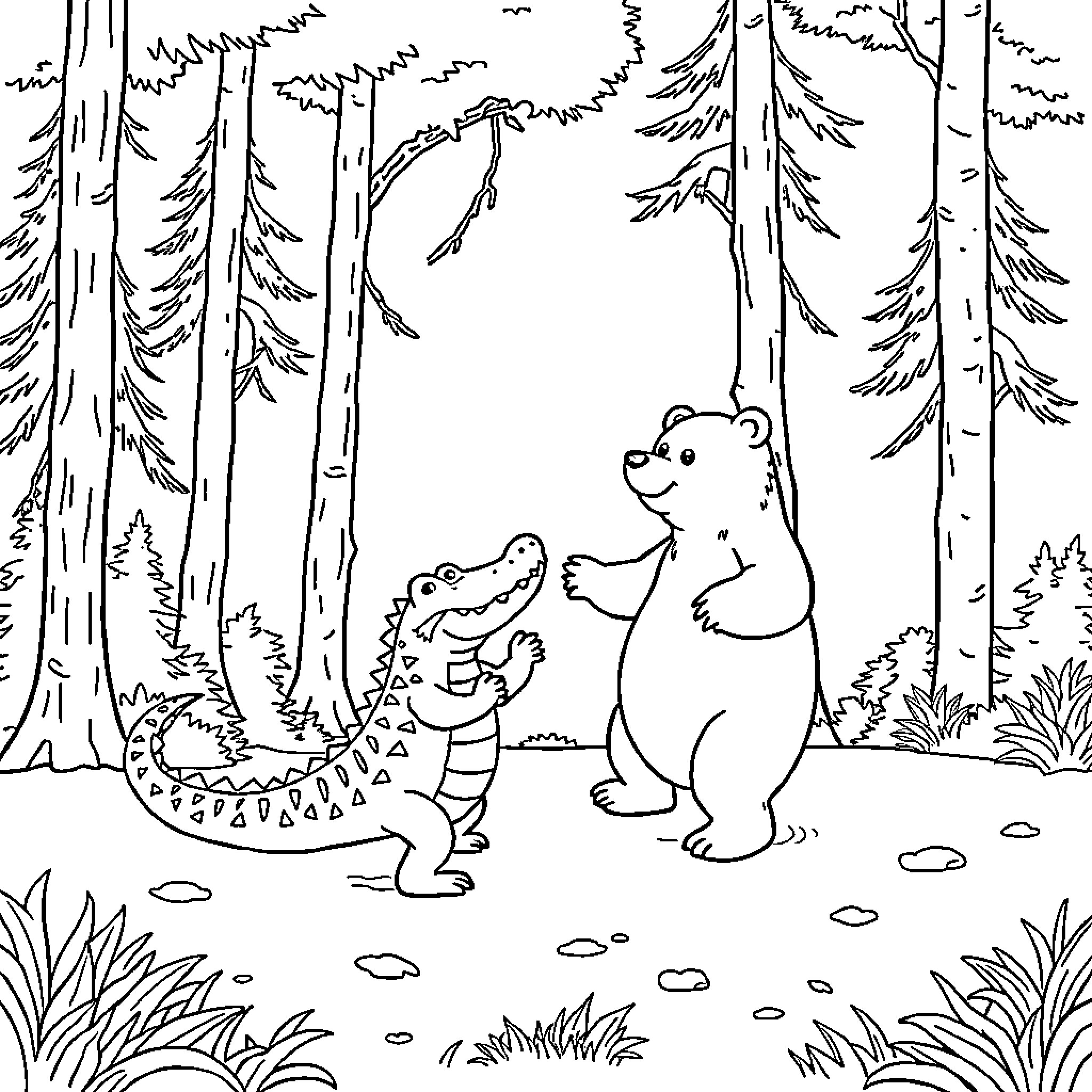 Crocodile and bear playing in the forest Coloring Page (free black-and-white line drawing printable PDF for all, from beginners to advanced learners, including children, teens, adults, and seniors)