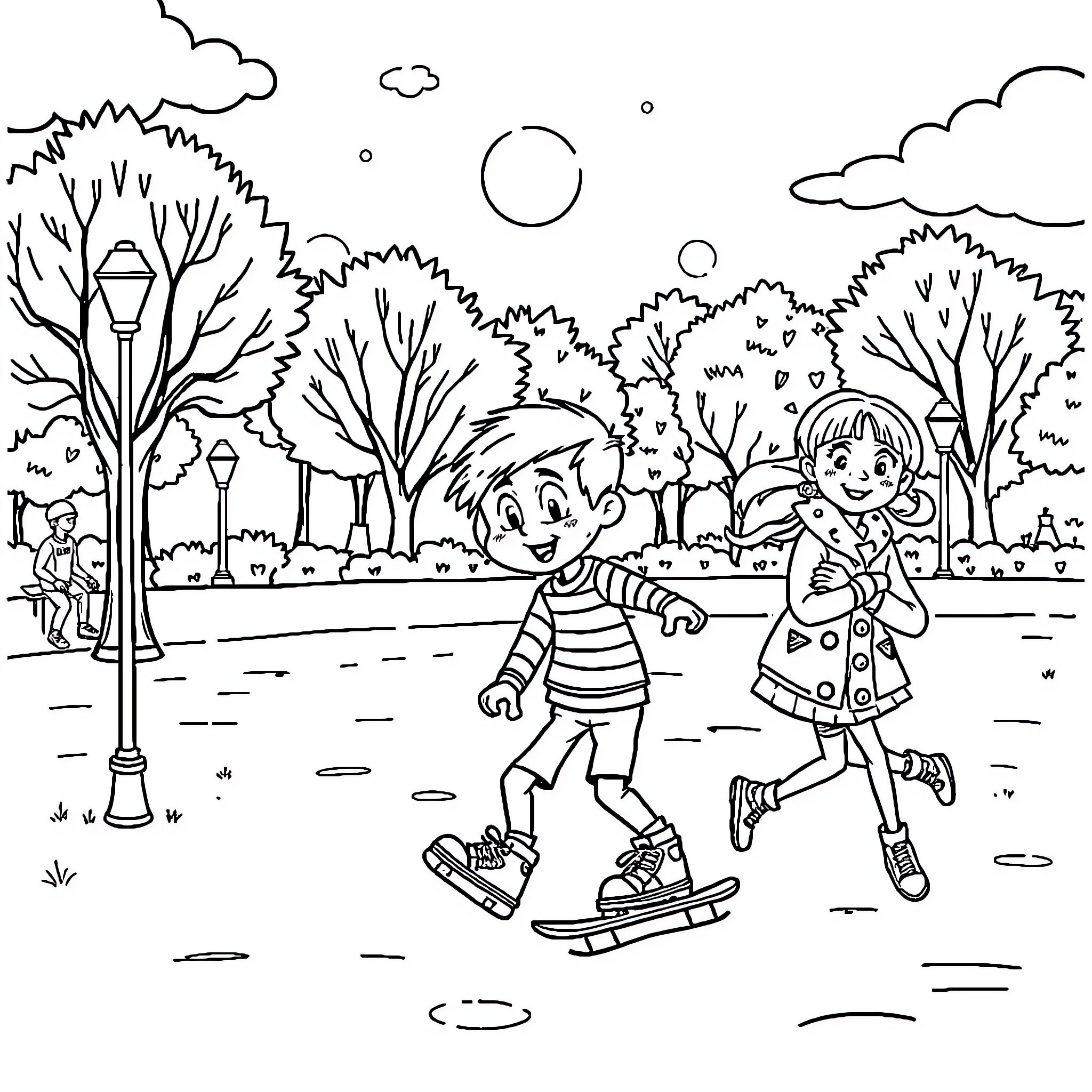 Fairly Odd Parents' Winter Adventure in the Park Coloring Page (free black-and-white line drawing printable PDF for all, from beginners to advanced learners, including children, teens, adults, and seniors)