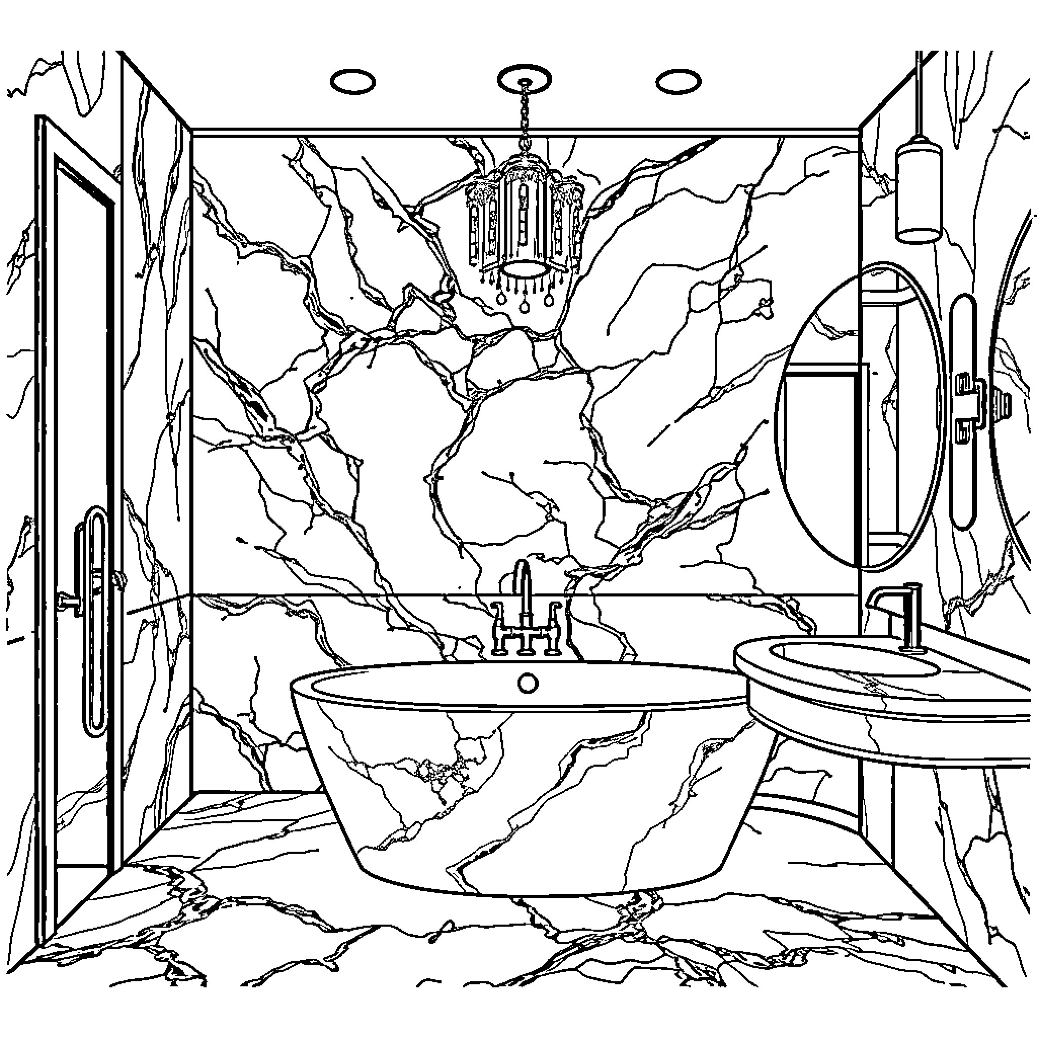 Bathroom with Cracked Walls and Fixtures Coloring Page (free black-and-white line drawing printable PDF for all, from beginners to advanced learners, including children, teens, adults, and seniors)