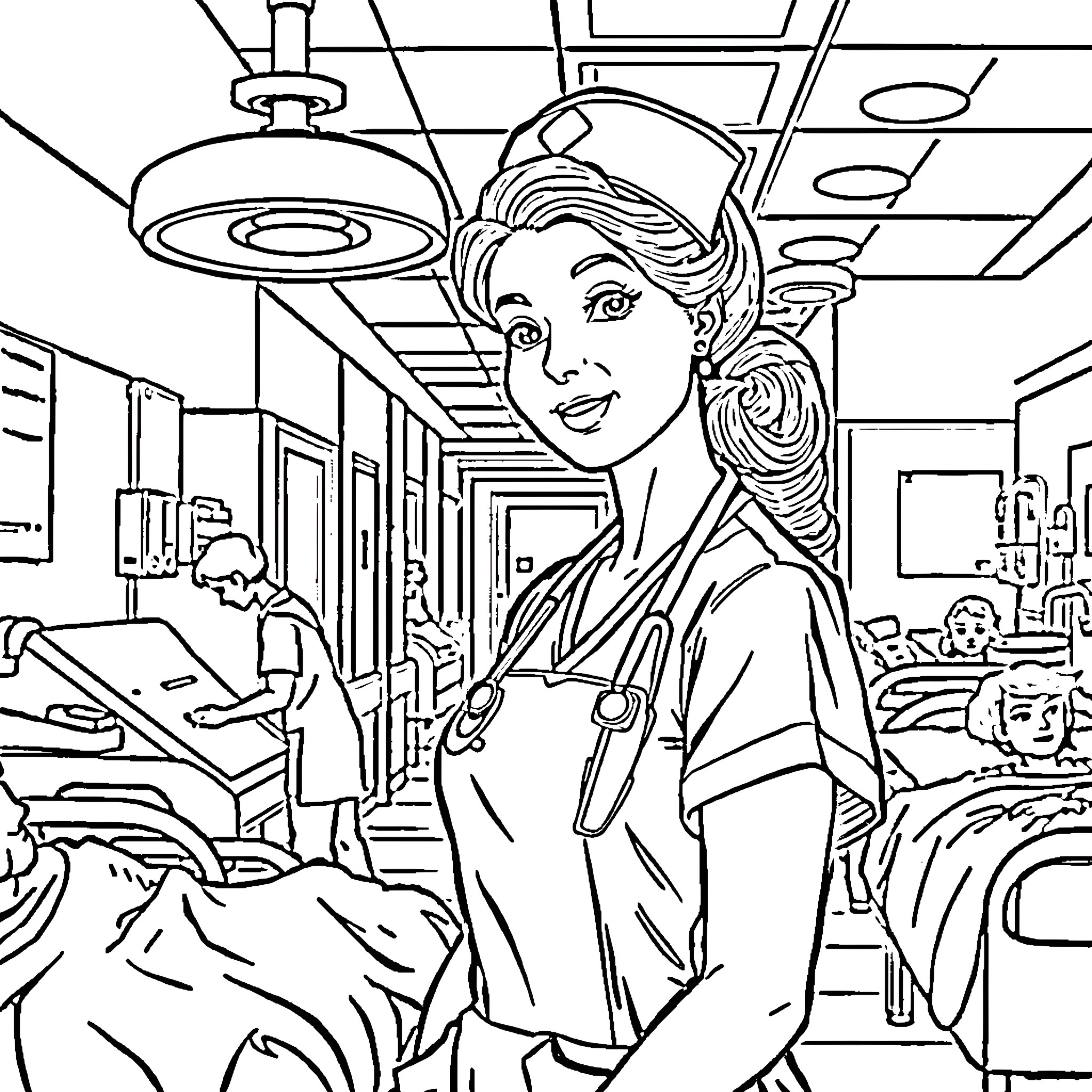 Nurse assisting patients in a medical ward Coloring Page (free black-and-white line drawing printable PDF for all, from beginners to advanced learners, including children, teens, adults, and seniors)