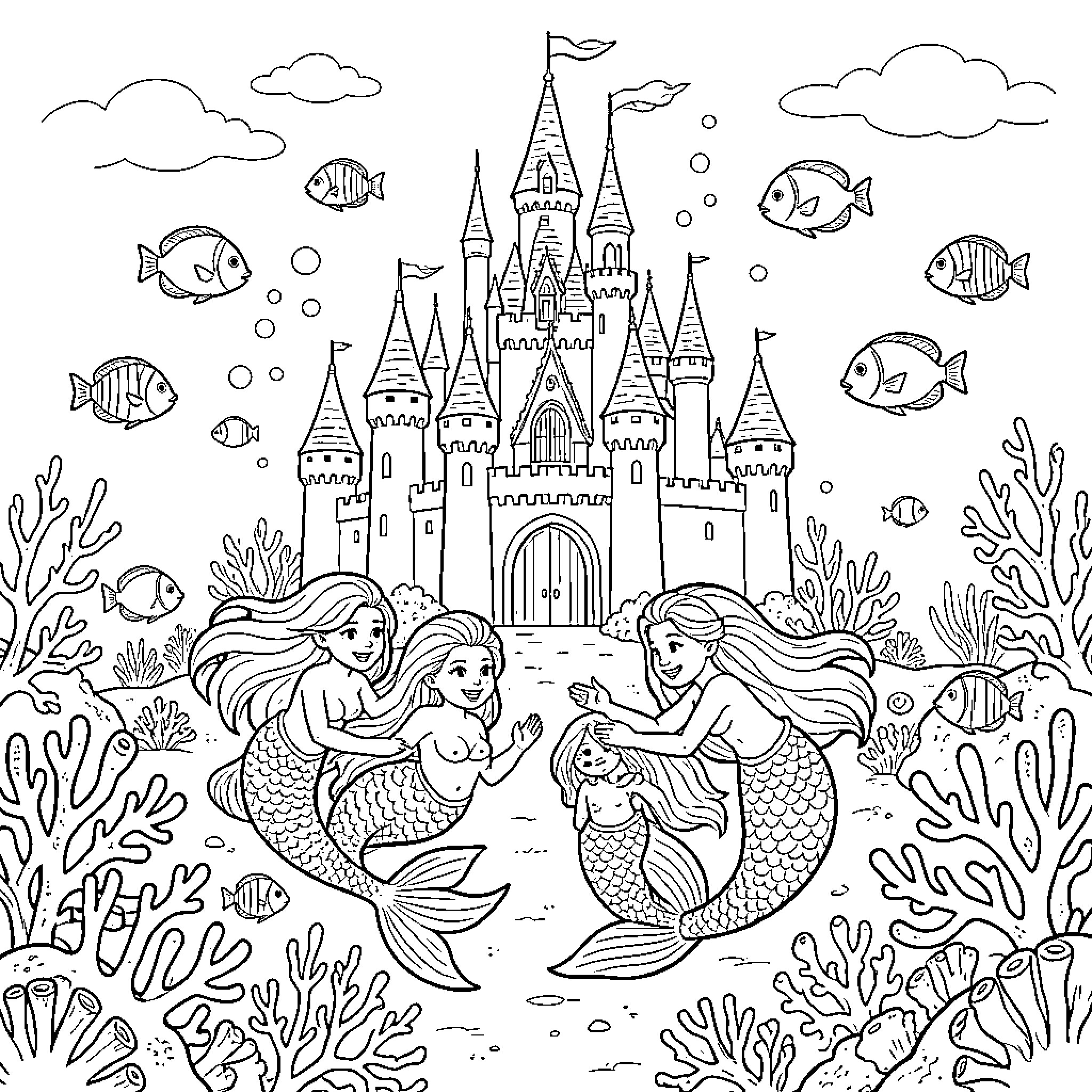 Mermaid friends swimming near a magical underwater castle Coloring Page (free black-and-white line drawing printable PDF for all, from beginners to advanced learners, including children, teens, adults, and seniors)